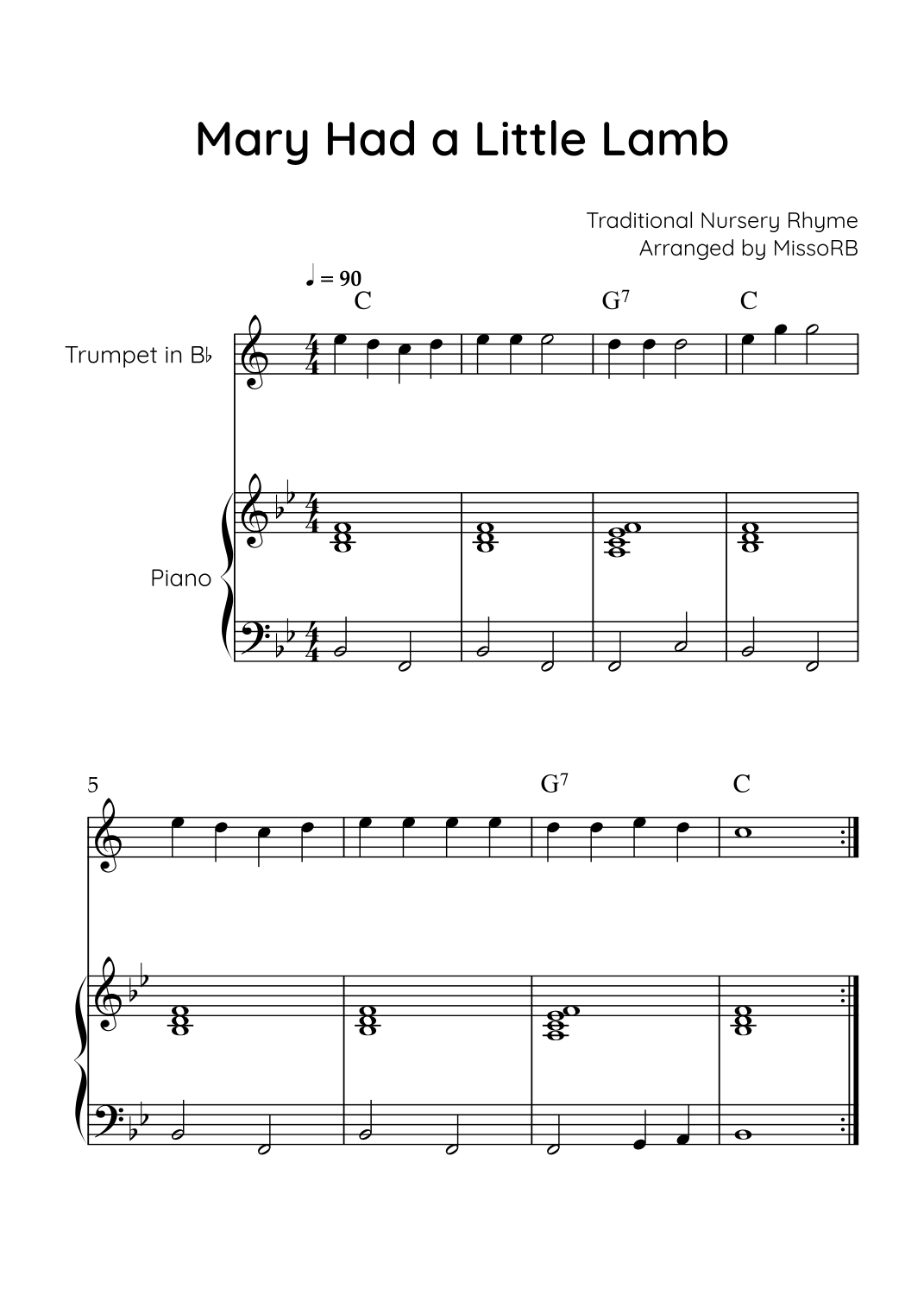 Mary Had a Little Lamb - Trumpet & Piano in Bb With Chords - Easy (arr ...