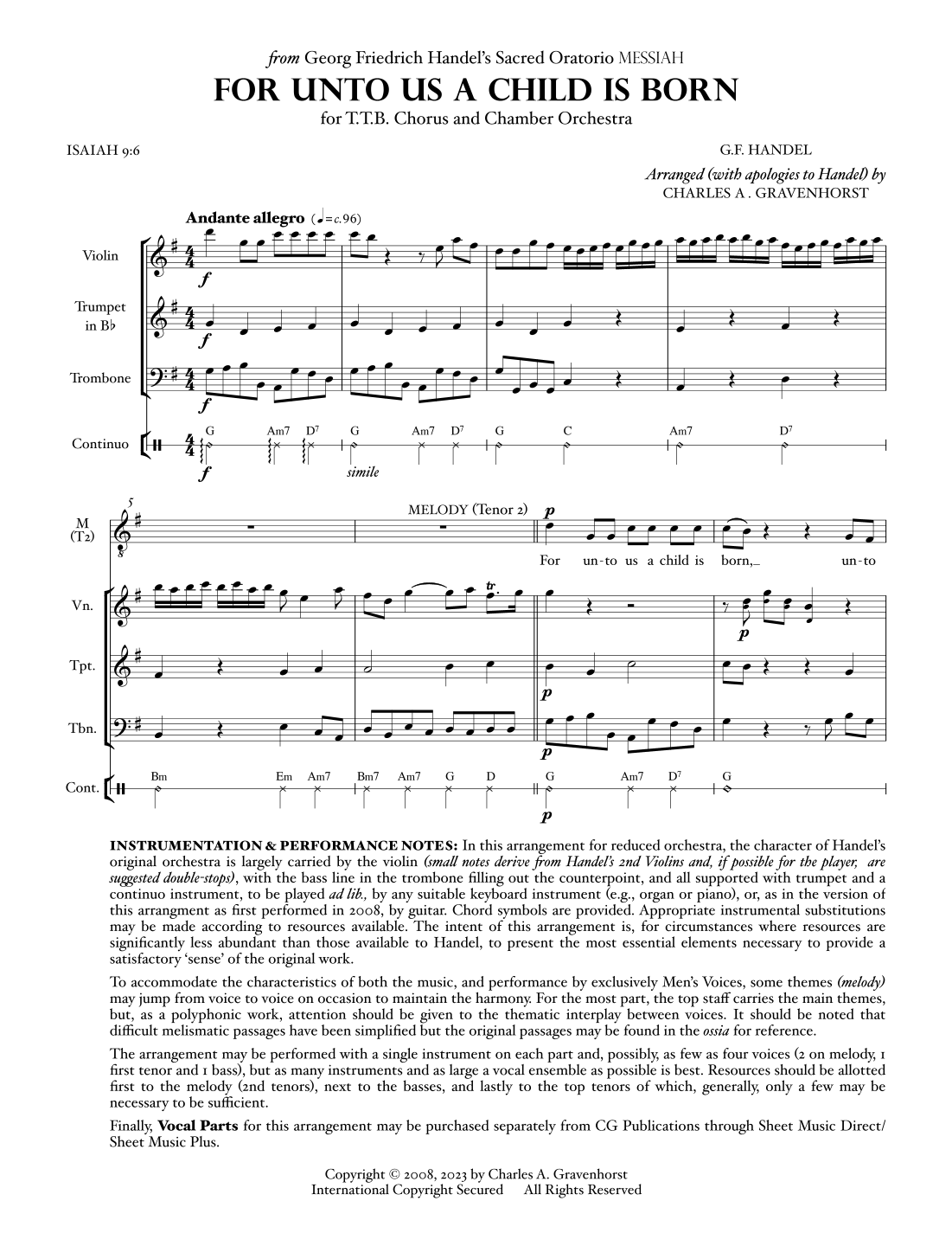 For Unto Us A Child Is Born (选自《弥赛亚》“MESSIAH”) 男声合唱 (TTB) – 总谱 FULL SCORE (arr. Charles A. Gravenhorst) by G.F. Handel Chamber Orchestra - 预览