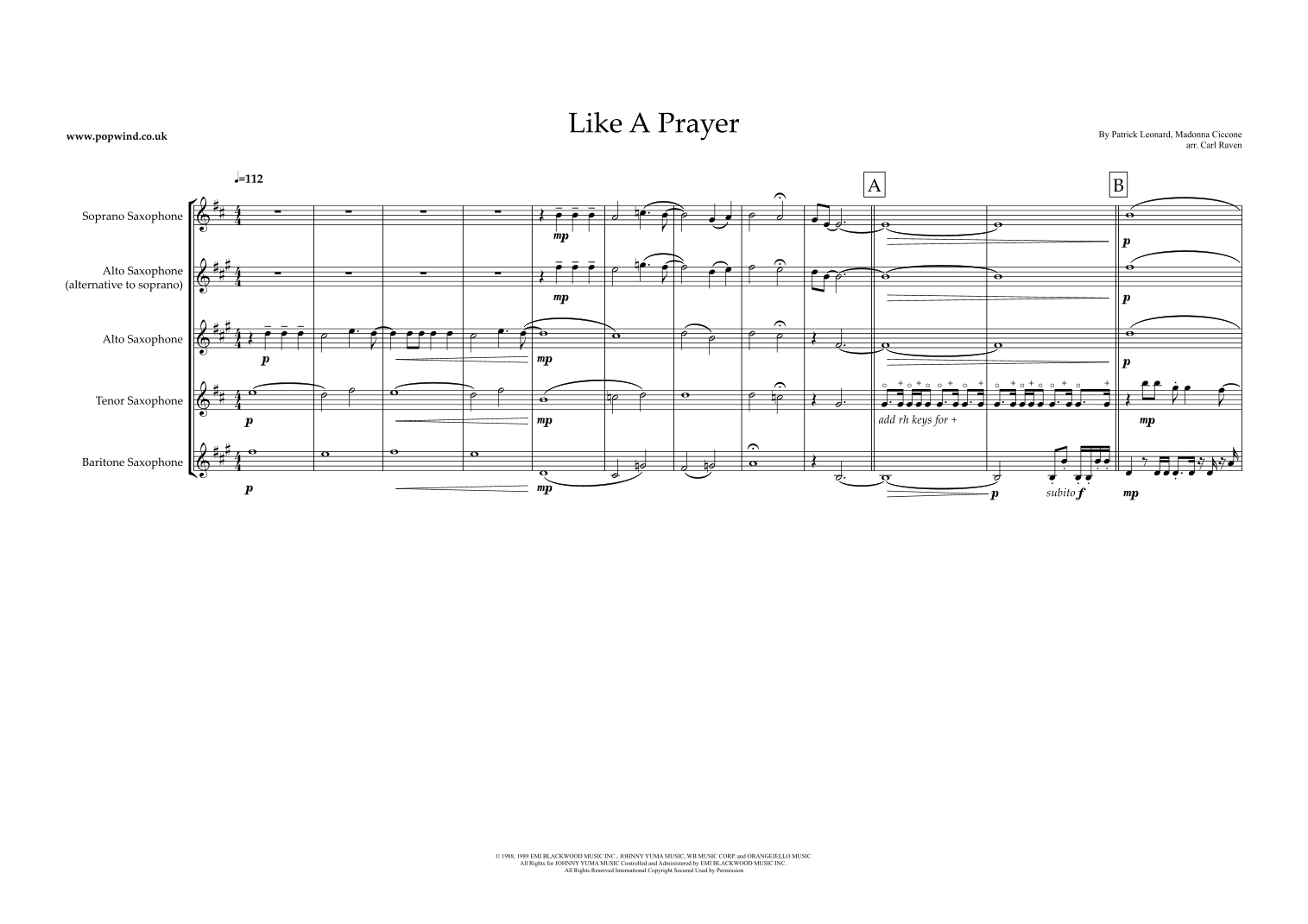Interactive Digital Sheet Music preview of 'Like A Prayer (arr. Carl Raven)' by Madonna, Woodwind Ensemble page 1