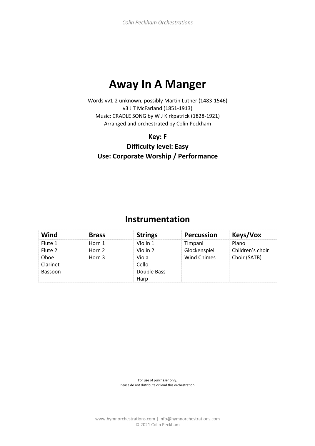 Away in a Manger (Cradle Song) (arr. Colin Peckham) by J T McFarland (1851-1913) 管弦乐团 - 预览