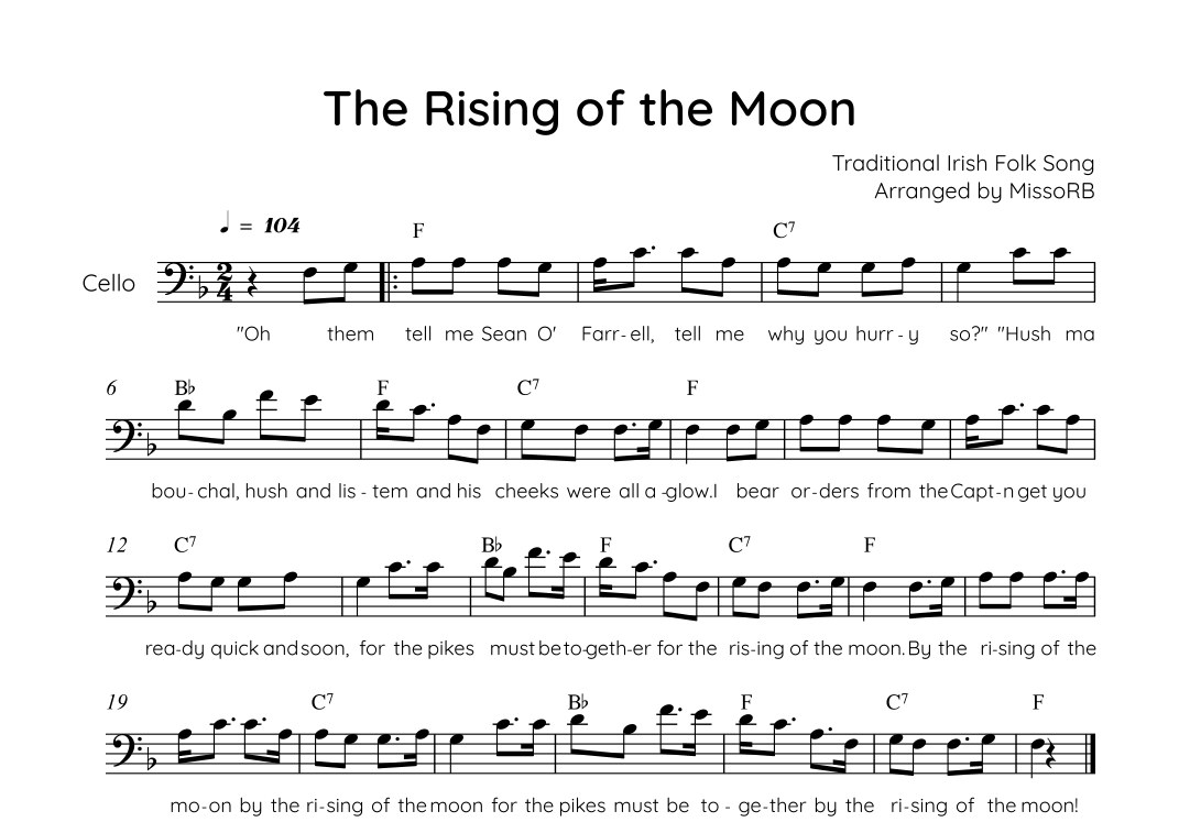 The Rising of the Moon - Cello in F Solo With Chords & Lyrics - Easy ...