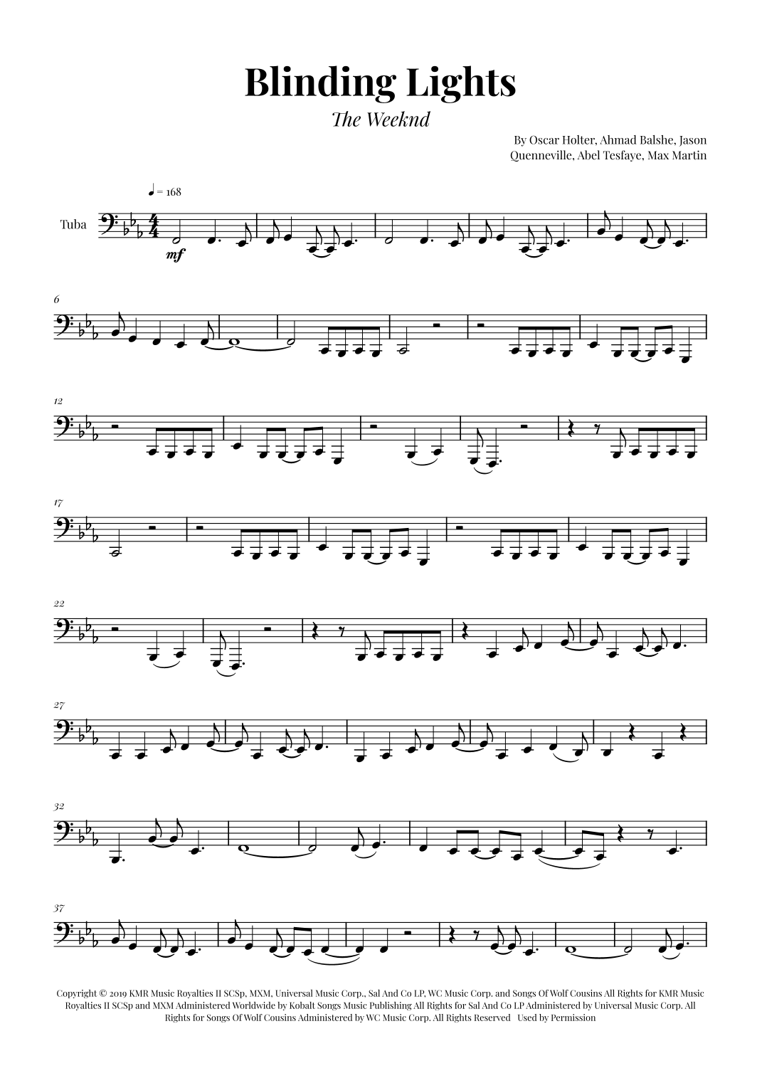 Blinding Lights by The Weeknd Sheet Music for Tuba Solo (arr. Glauco ...