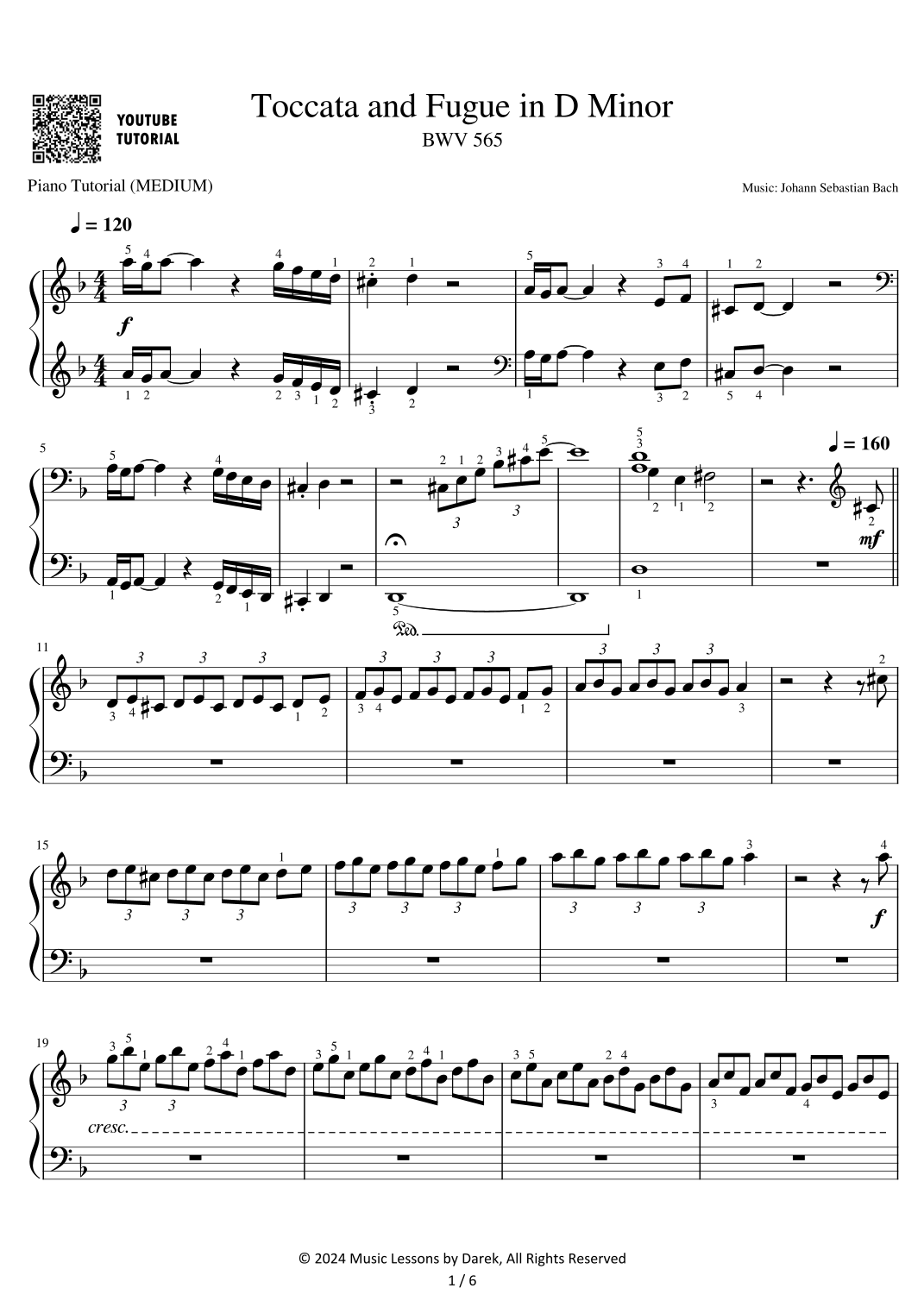 Toccata And Fugue In D Minor BWV 565 MEDIUM PIANO Johann Sebastian 