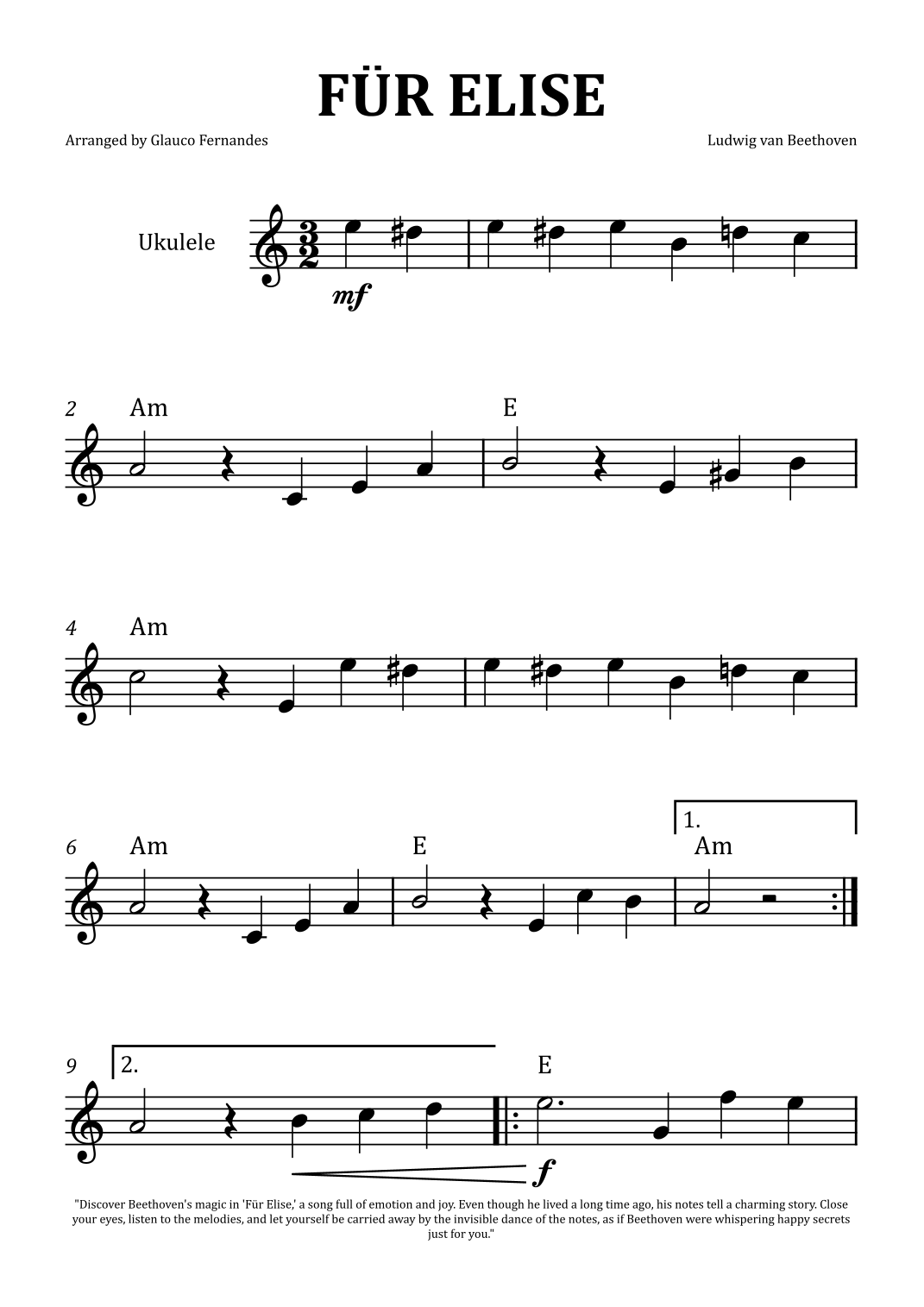 Fur Elise by Beethoven - Ukulele Solo with Chord Notation (arr. Glauco ...