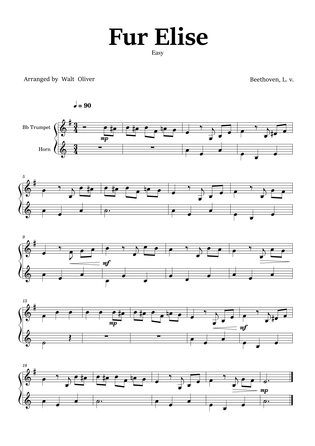 Fur Elise - Bb Trumpet and Horn - easy - Beethoven (arr. Walt Oliver ...