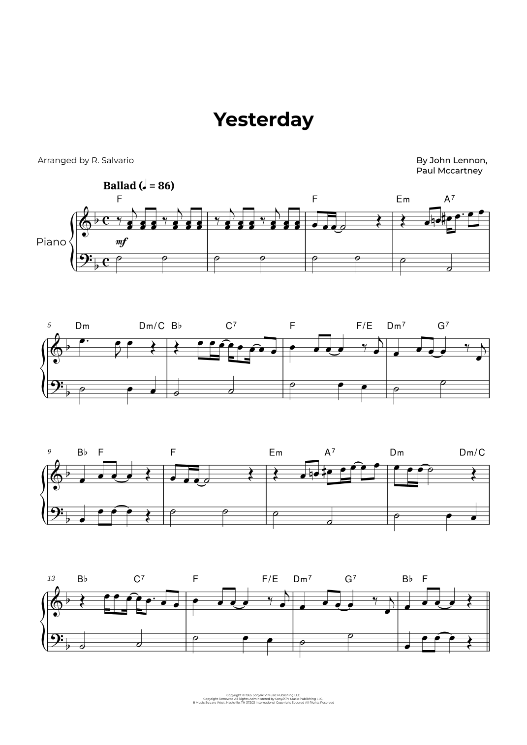 Yesterday by The Beatles Sheet Music for Easy Piano (arr. R. Salvario ...