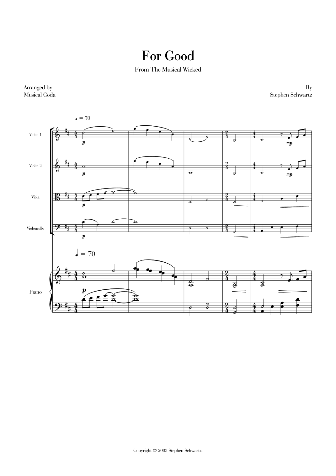 For Good Script For Good (arr. Musical Coda) by Stephen Schwartz Sheet Music for String ...