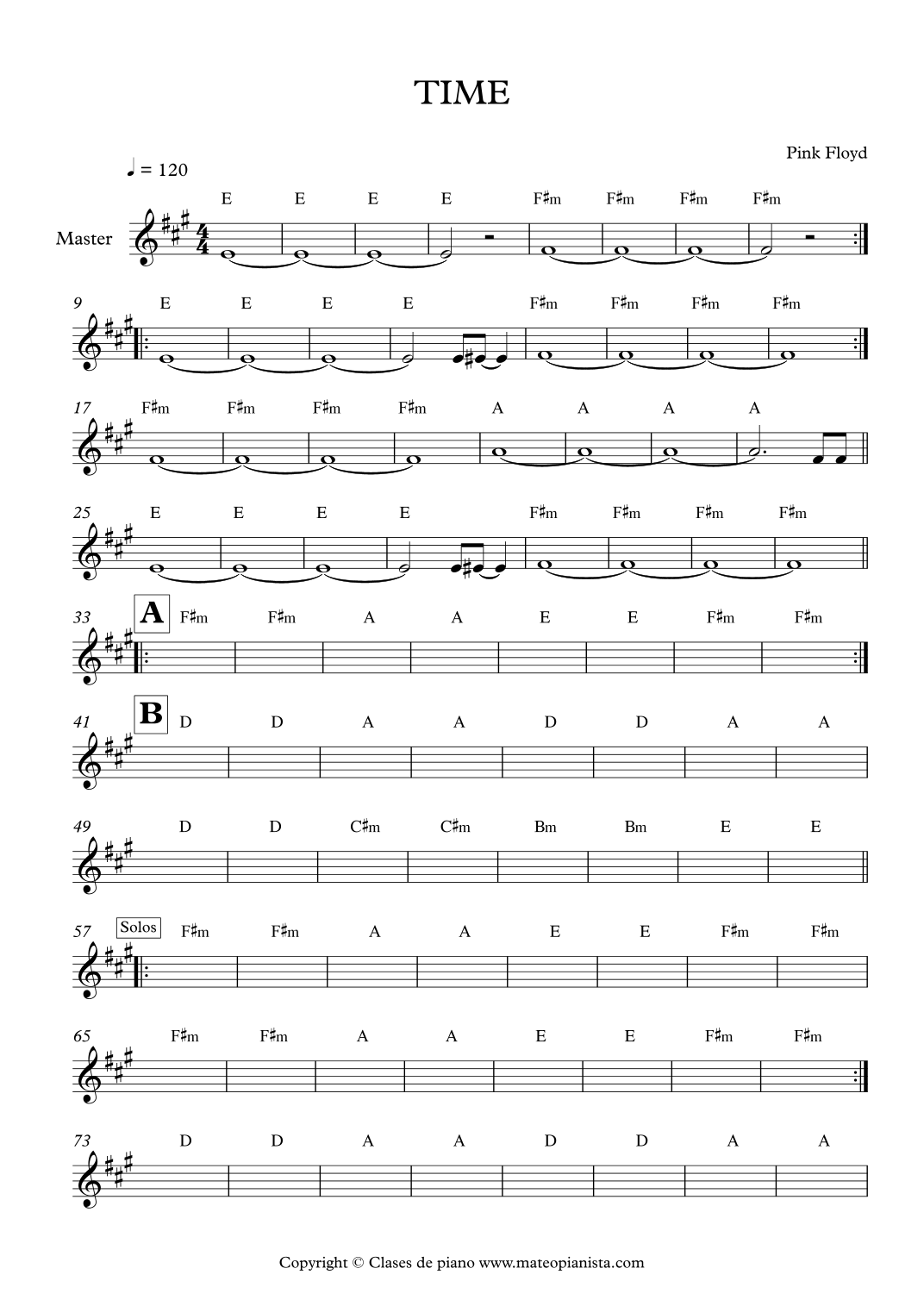Time by Pink Floyd Sheet Music for Easy Guitar Tab at Sheet Music