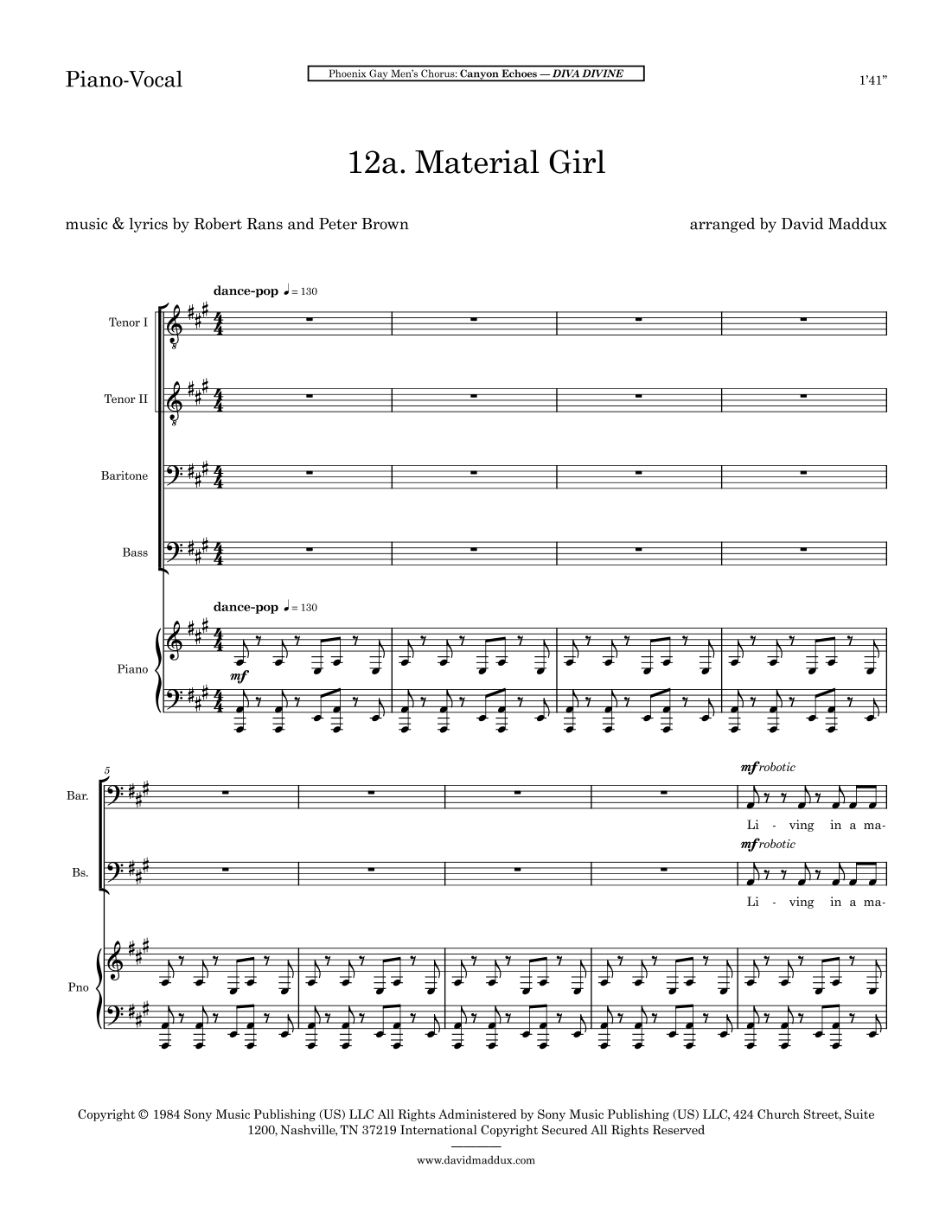 Material Girl (arr. David Maddux) by Madonna Sheet Music for TTBB Choir