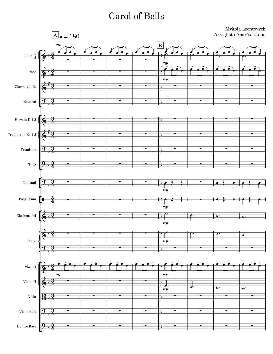 Carol of Bells (arr. Andrés LLona) by Mykola Leontovych Full Orchestra