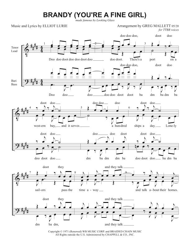 Brandy (you're A Fine Girl) Sheet Music Looking Glass TTBB Choir