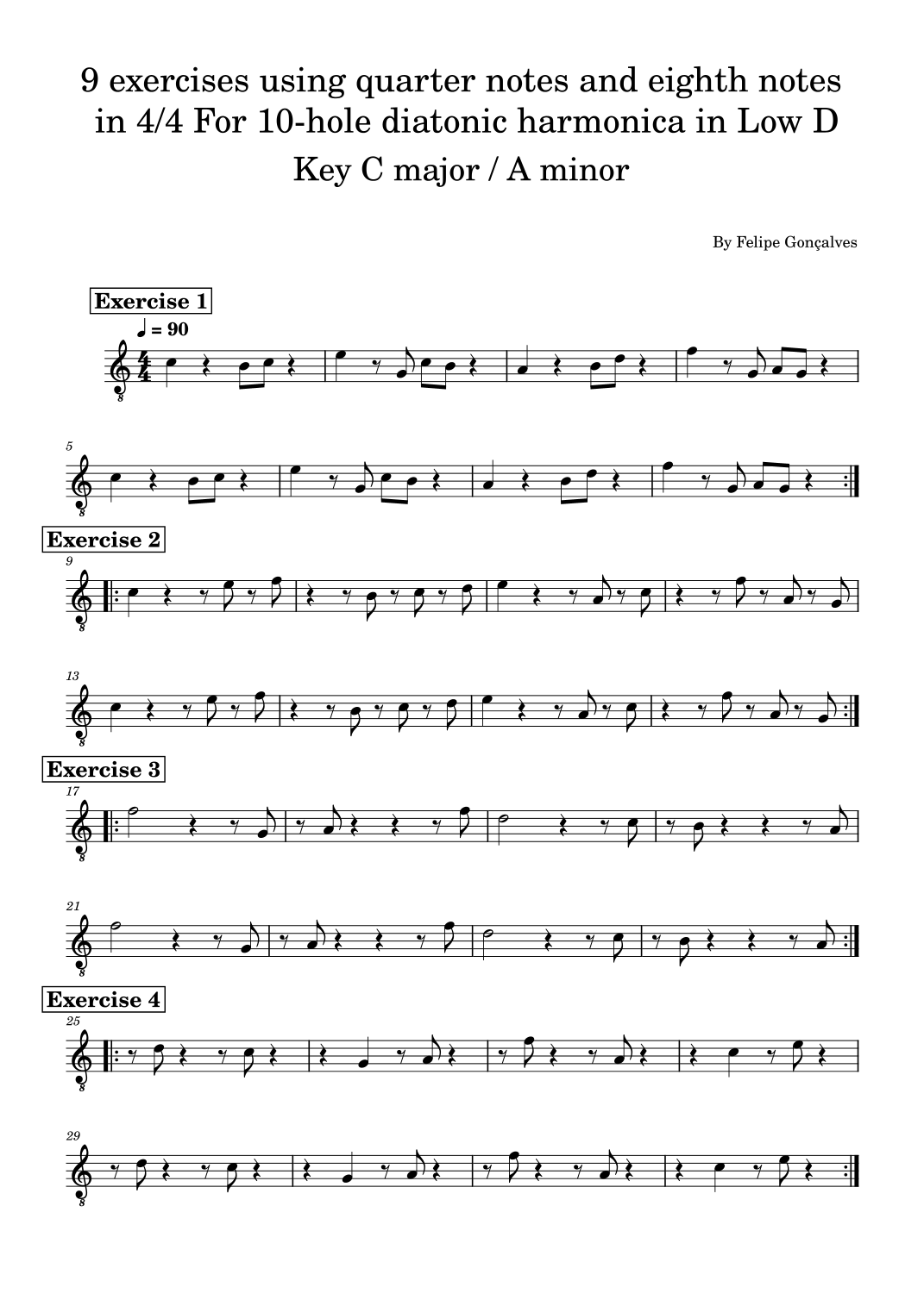 9 exercises using quarter notes and eighth notes in 4/4 For 10-hole ...