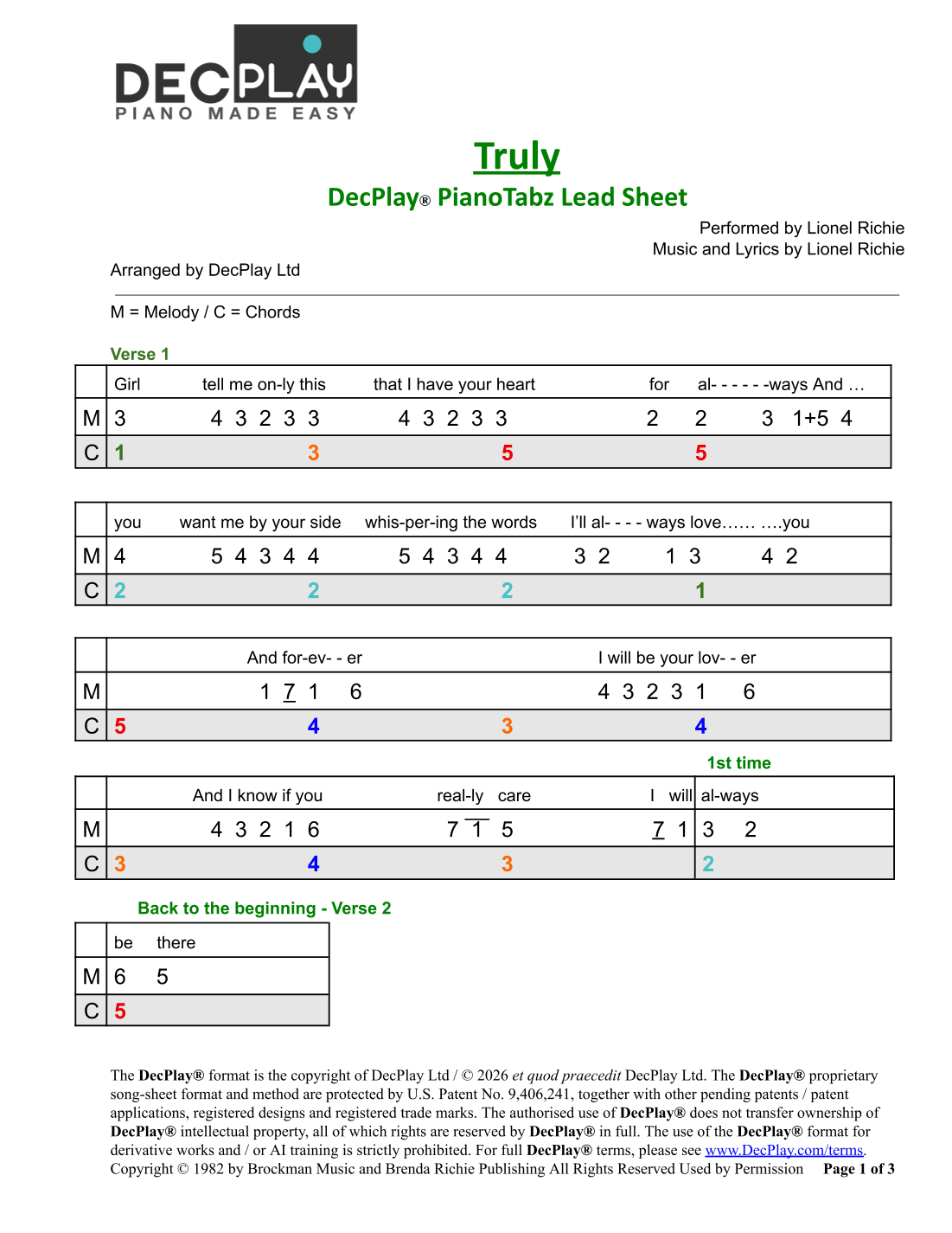 Truly (arr. DecPlay Ltd) by Lionel Richie Sheet Music for DecPlay Piano ...