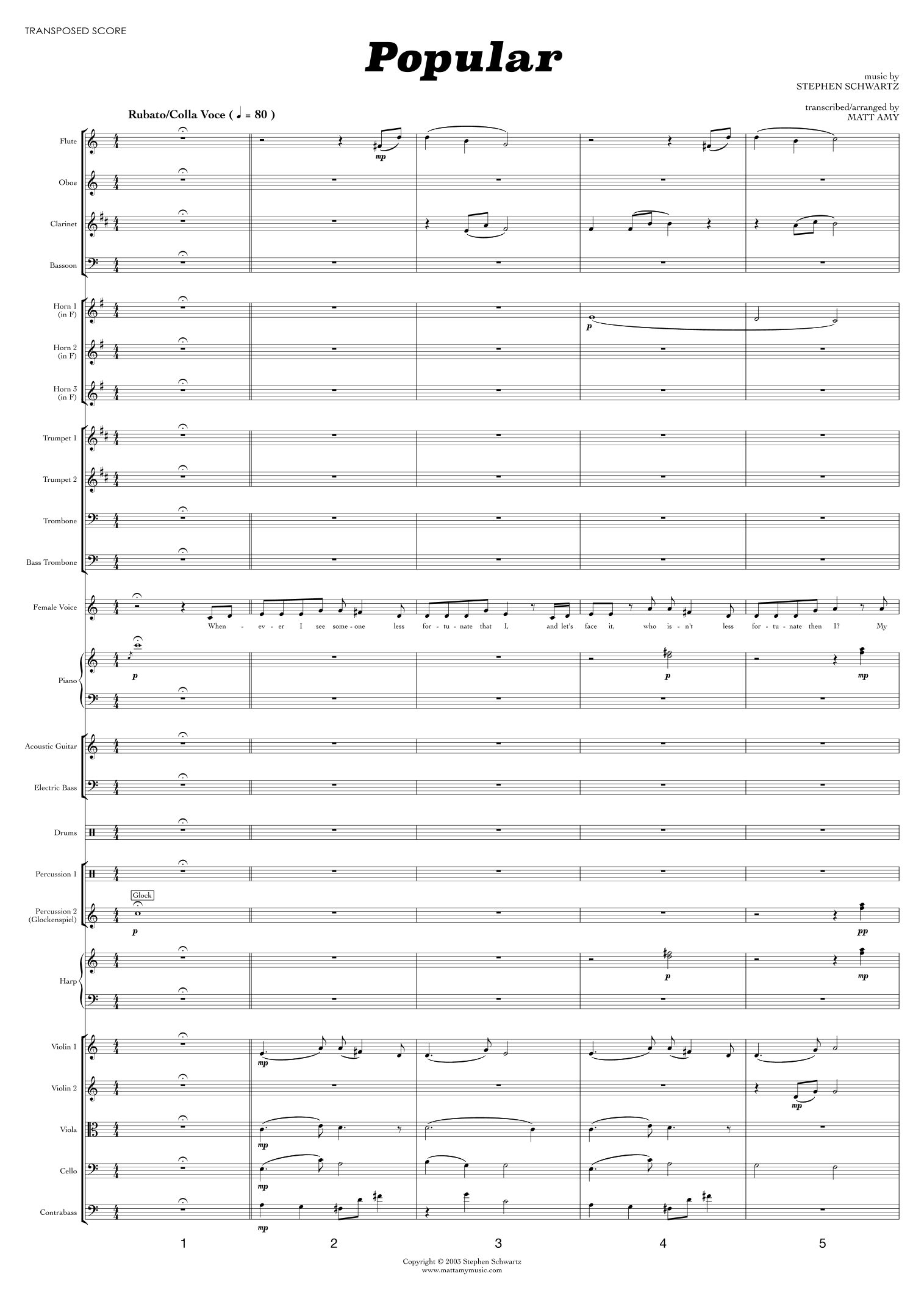 Popular (arr. Matt Amy) by Stephen Schwartz Full Orchestra