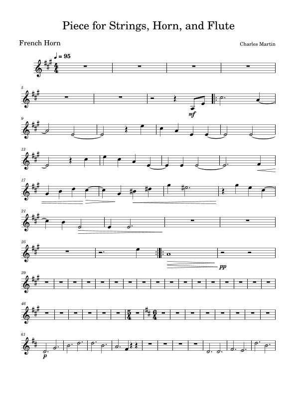 Piece for Strings, Horn, and Flute French Horn Part Sheet Music Charles Martin French Horn