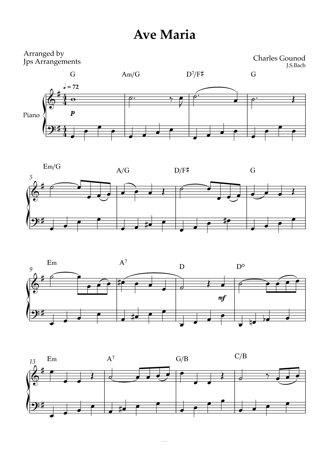 Ave Maria (Bach/Gounod) - Easy intermediate Piano in G Major ( without ...