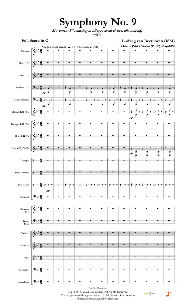 Symphony No. 9, Mvt. IV (alla marcia) (Beethoven's "Ode to Joy") [full score & set of parts] (arr. Patrick Sheehan) by Ludwig Van Beethoven Full Orchestra