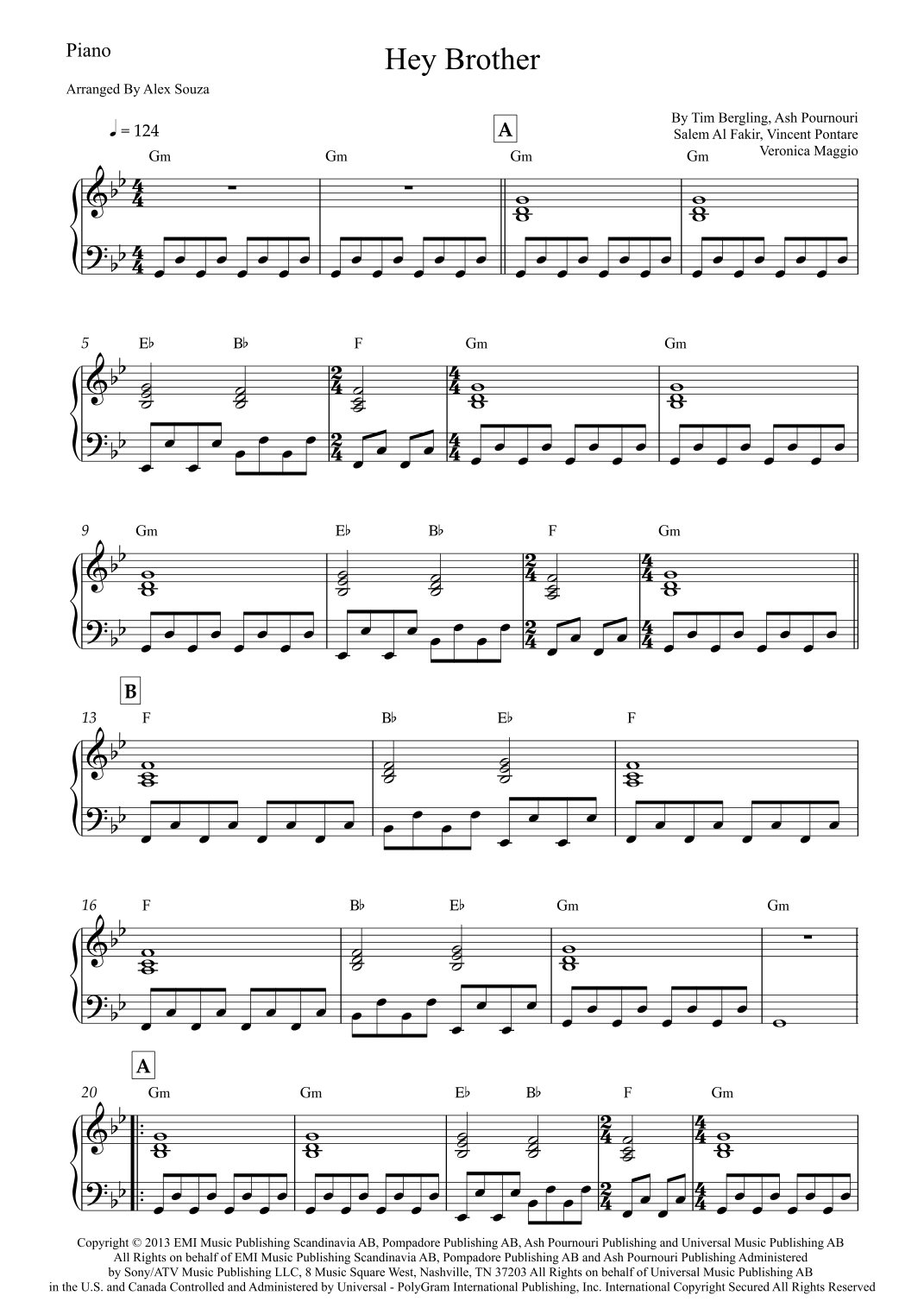 Hey Brother Notes Hey Brother by Avicii Sheet Music for Easy Piano (arr. Alex Souza) at ...