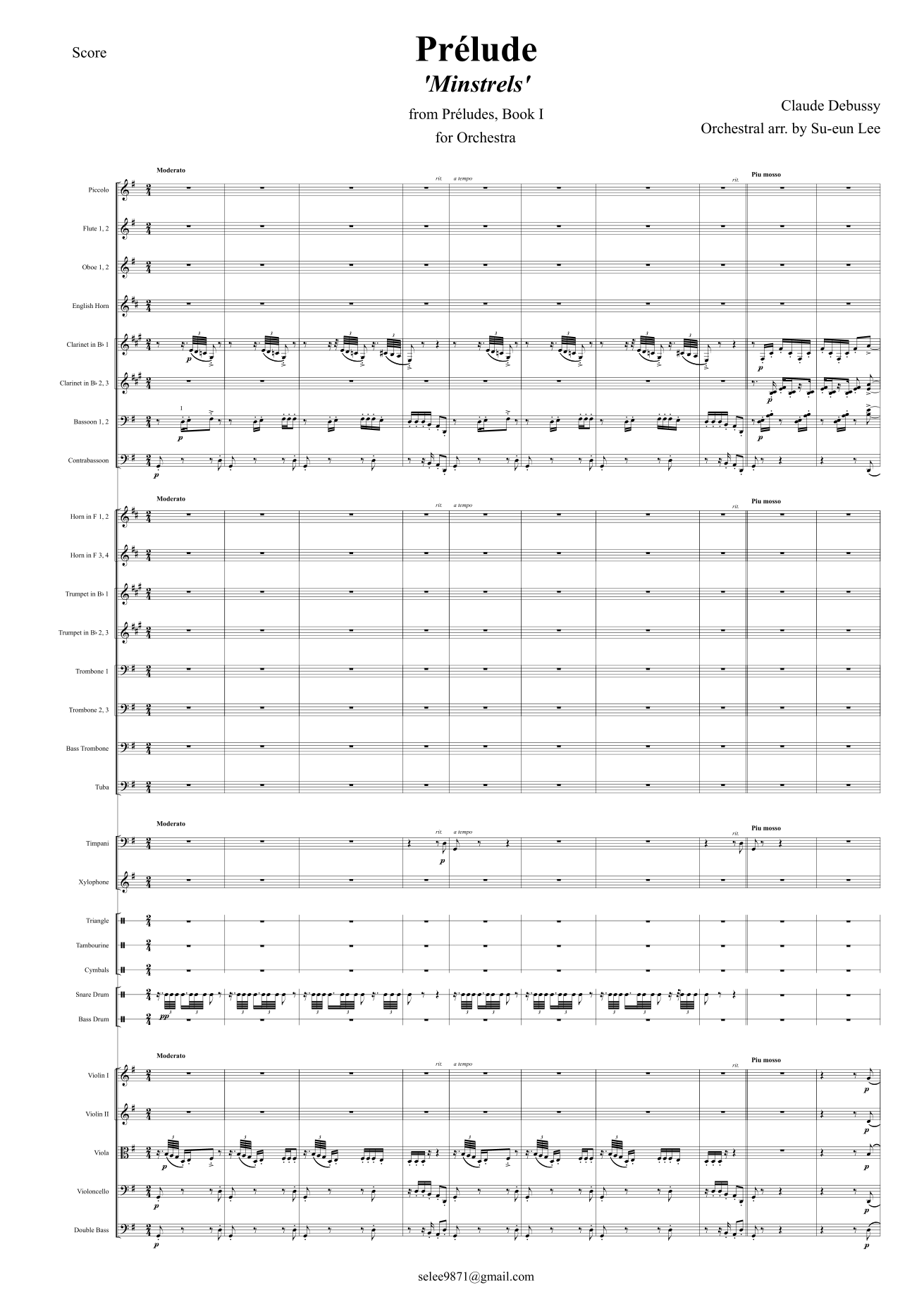 德彪西:《吟游诗人》(选自《前奏曲》第一册)– 管弦乐改编版(总谱与分谱)(Su-eun Lee 改编)Claude Debussy 管弦乐团 - 预览