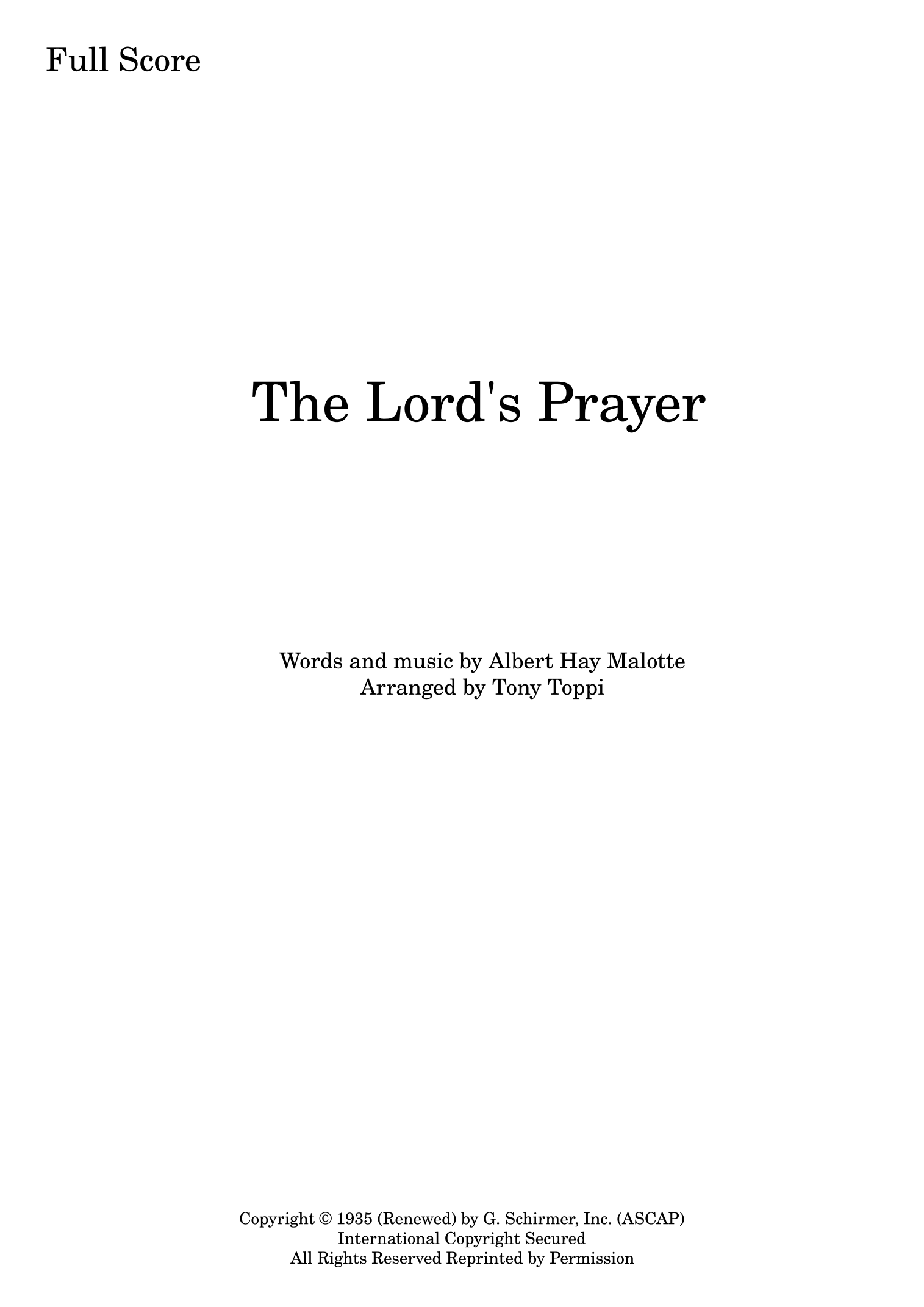 The Lord's Prayer (arr. Tony Toppi) by Albert H. Malotte Full Orchestra
