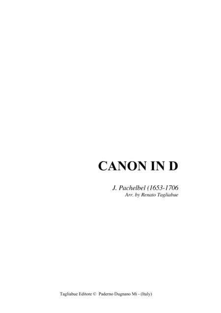 PACHELBEL - CANON in D - Arr. for Strings and Organ - With Parts (arr. Renato Tagliabue) Digitale Noten