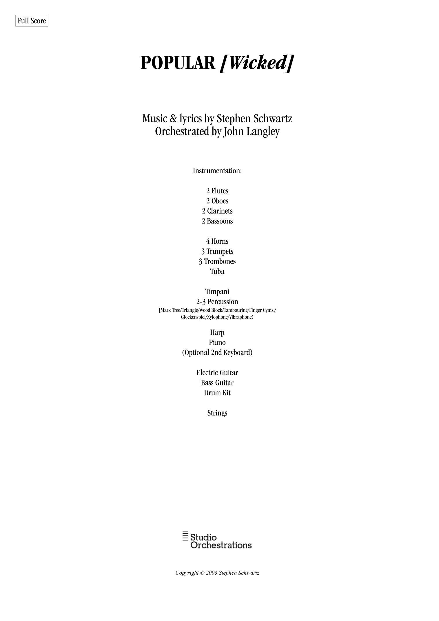 Popular (arr. John Langley / Studio Orchestrations) by Stephen Schwartz Full Orchestra 管弦乐团 - 预览