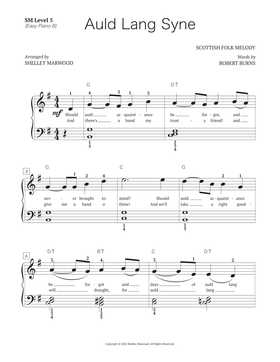 Auld Lang Syne - Easy Piano B (arr. Shelley Marwood) by Words by Robert ...
