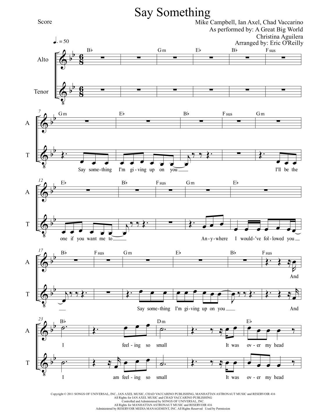Say Something (arr. Eric O'Reilly) by A Great Big World Sheet Music for ...