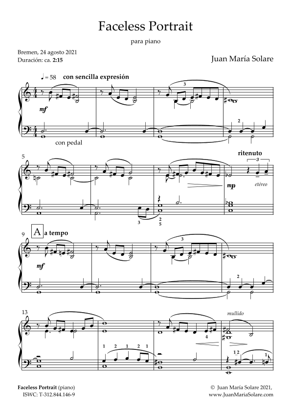 Faceless Portrait [piano solo] Noten | Juan María Solare | Klavier, leicht