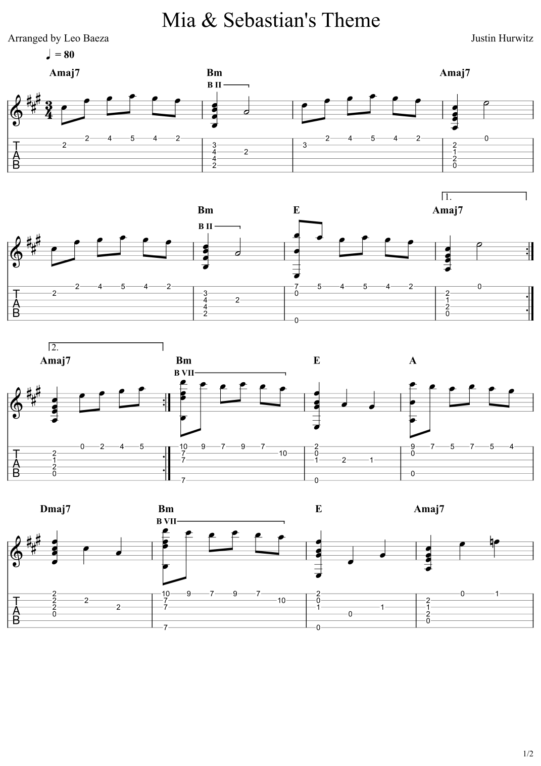 Mia & Sebastian's Theme by Justin Hurwitz Sheet Music for Guitar Tab ...
