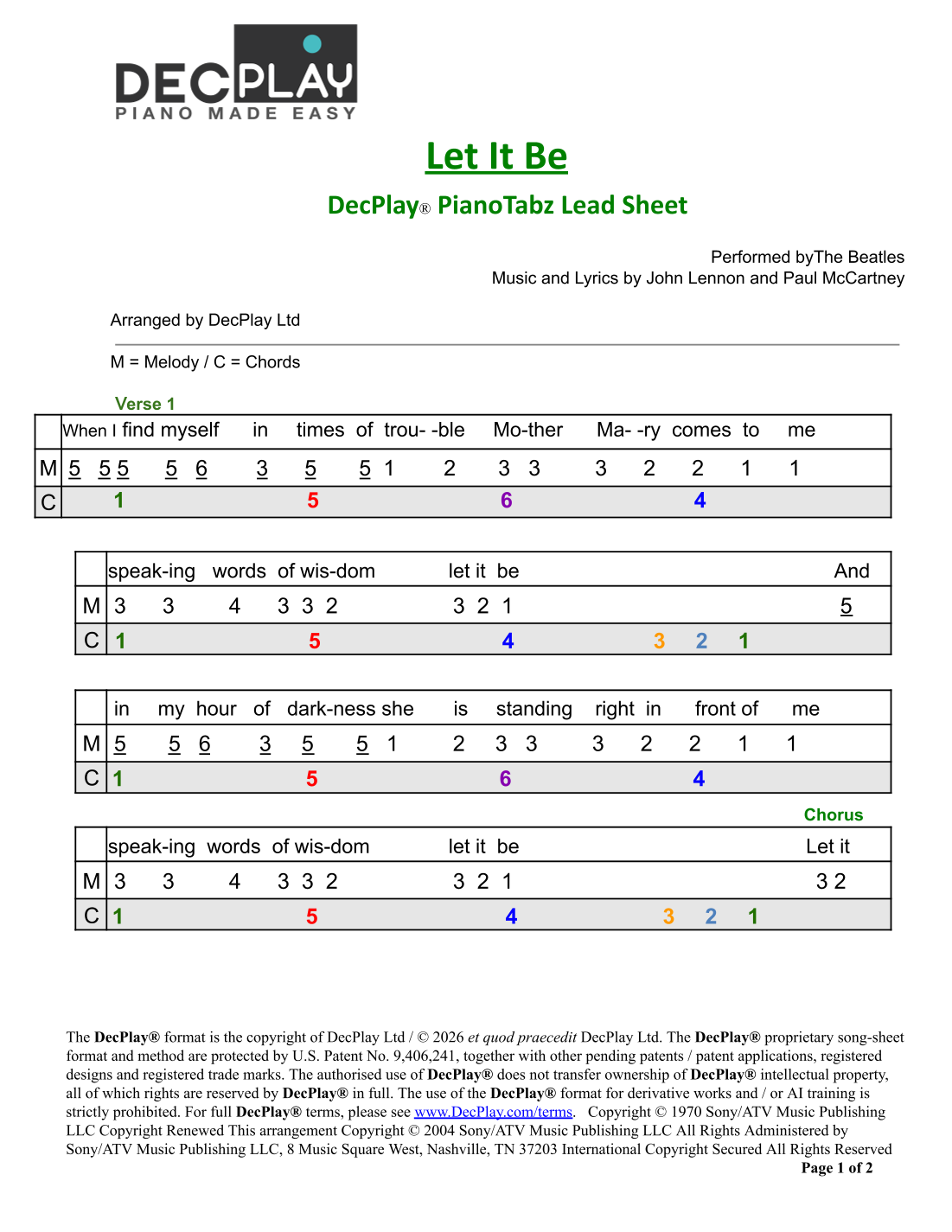 Let It Be by The Beatles Sheet Music for DecPlay Piano (arr. DecPlay ...