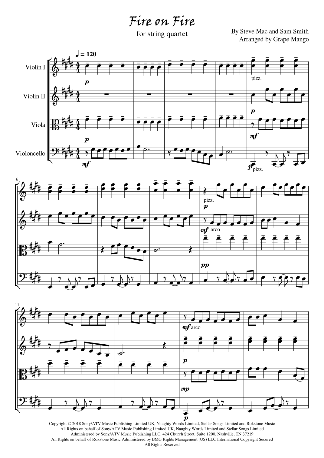 String Samsetningar Fire On Fire (arr. Grape Mango) by Sam Smith Sheet Music for String ...