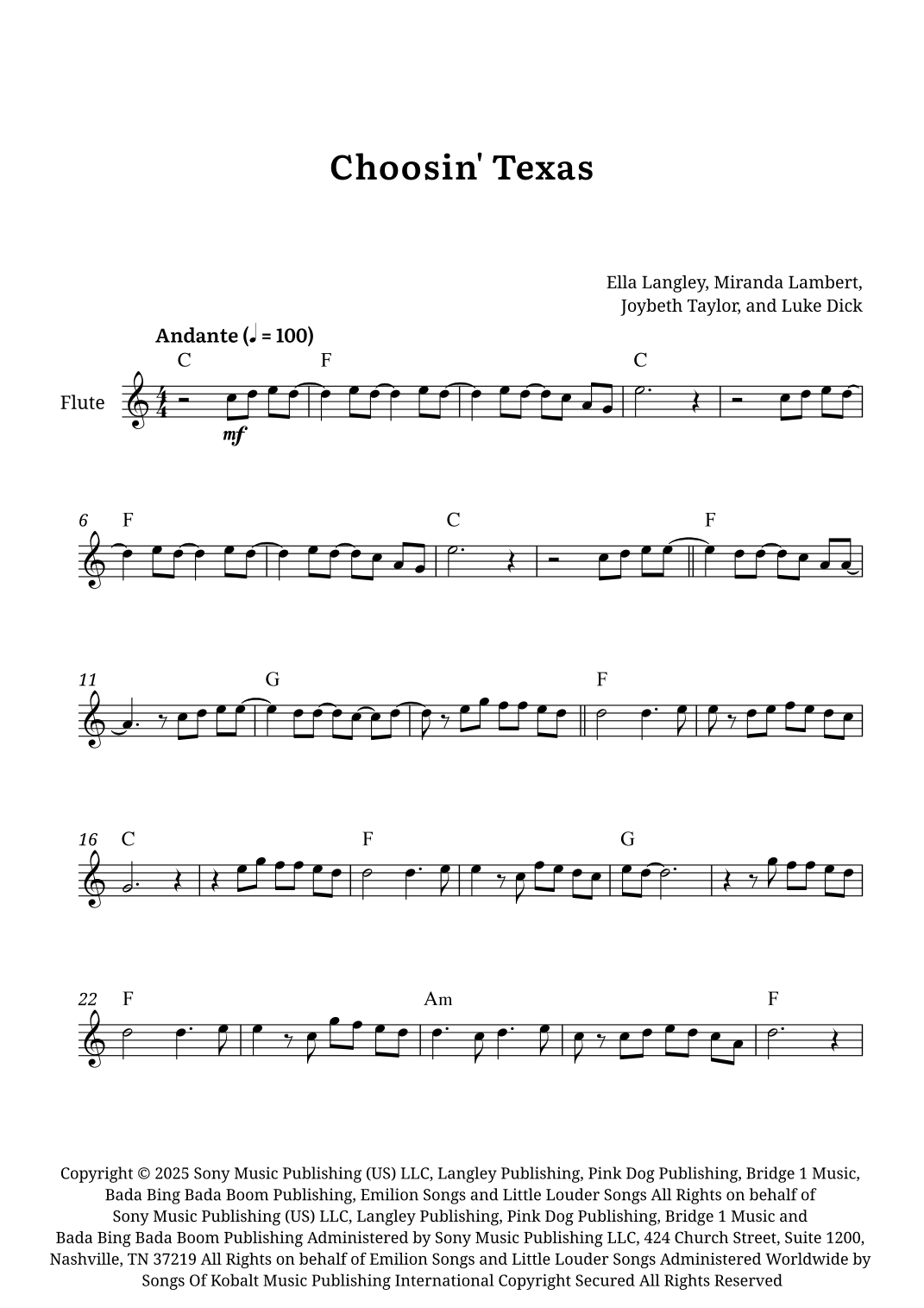 Choosin' Texas by Ella Langley Sheet Music for Flute Solo (arr