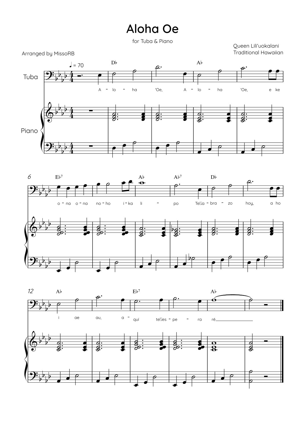 Aloha Oe - Tuba & Piano in Ab Major Easy With Lyrics & Chords (arr. MissoRB) Digital Sheet Music