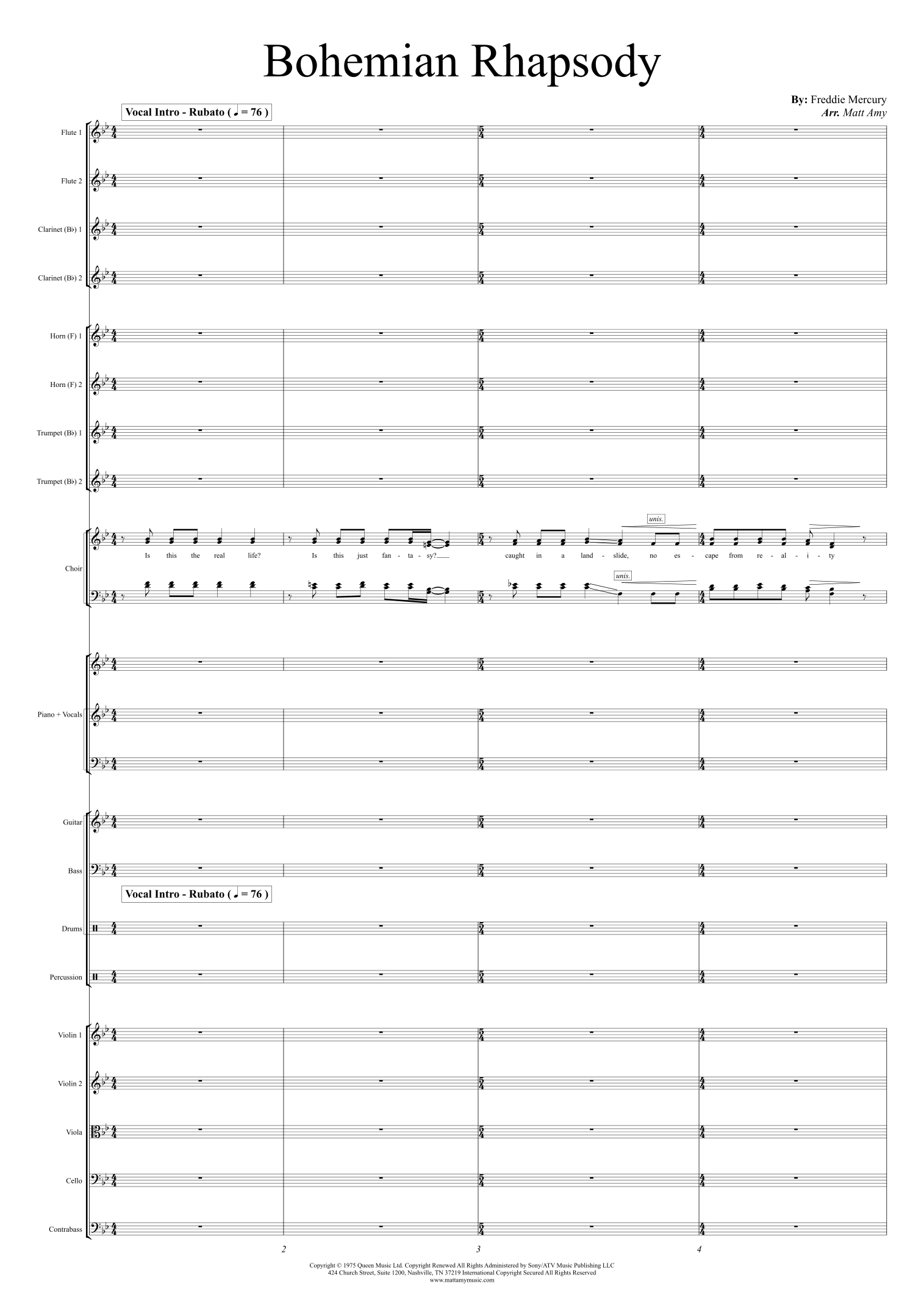 Bohemian Rhapsody 波西米亚狂想曲 (arr. Matt Amy) by Queen 管弦乐团全谱 - 预览