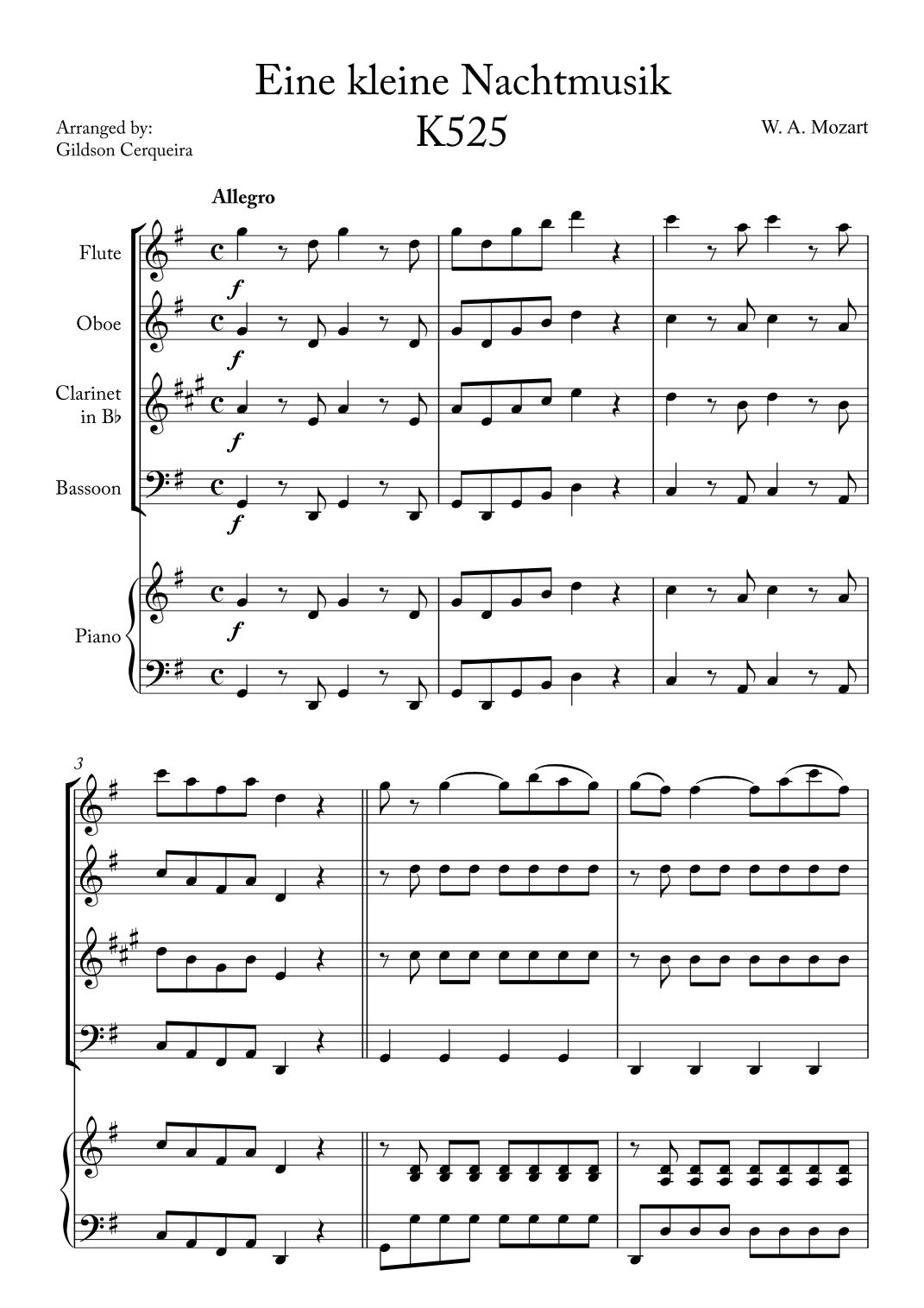 Eine kleine Nachtmusik by Wolfgang Amadeus Mozart Sheet Music for ...