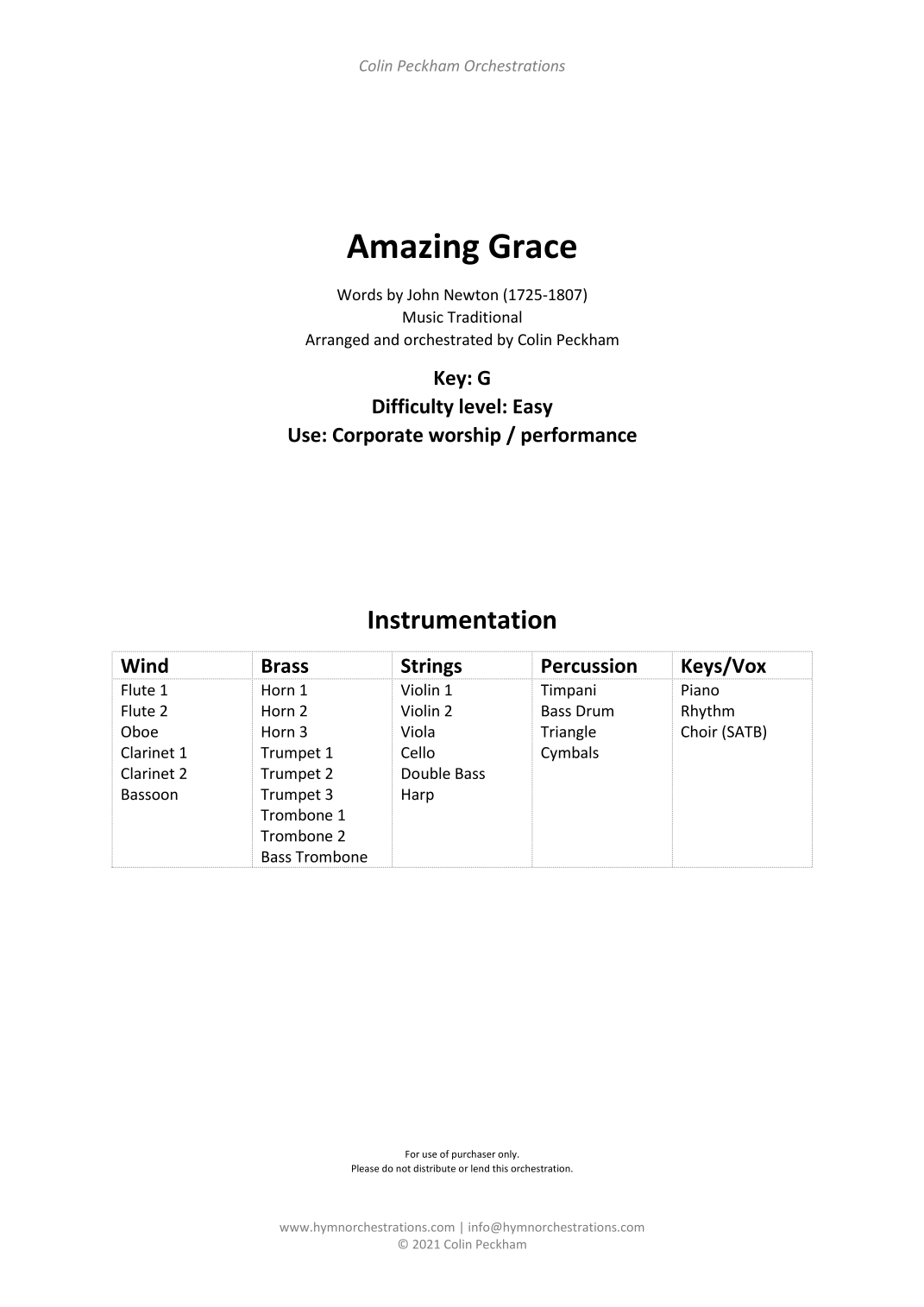 Amazing Grace (arr. Colin Peckham) by Traditional (Words by John Newton (1725-1807) 全编制管弦乐团 - 预览