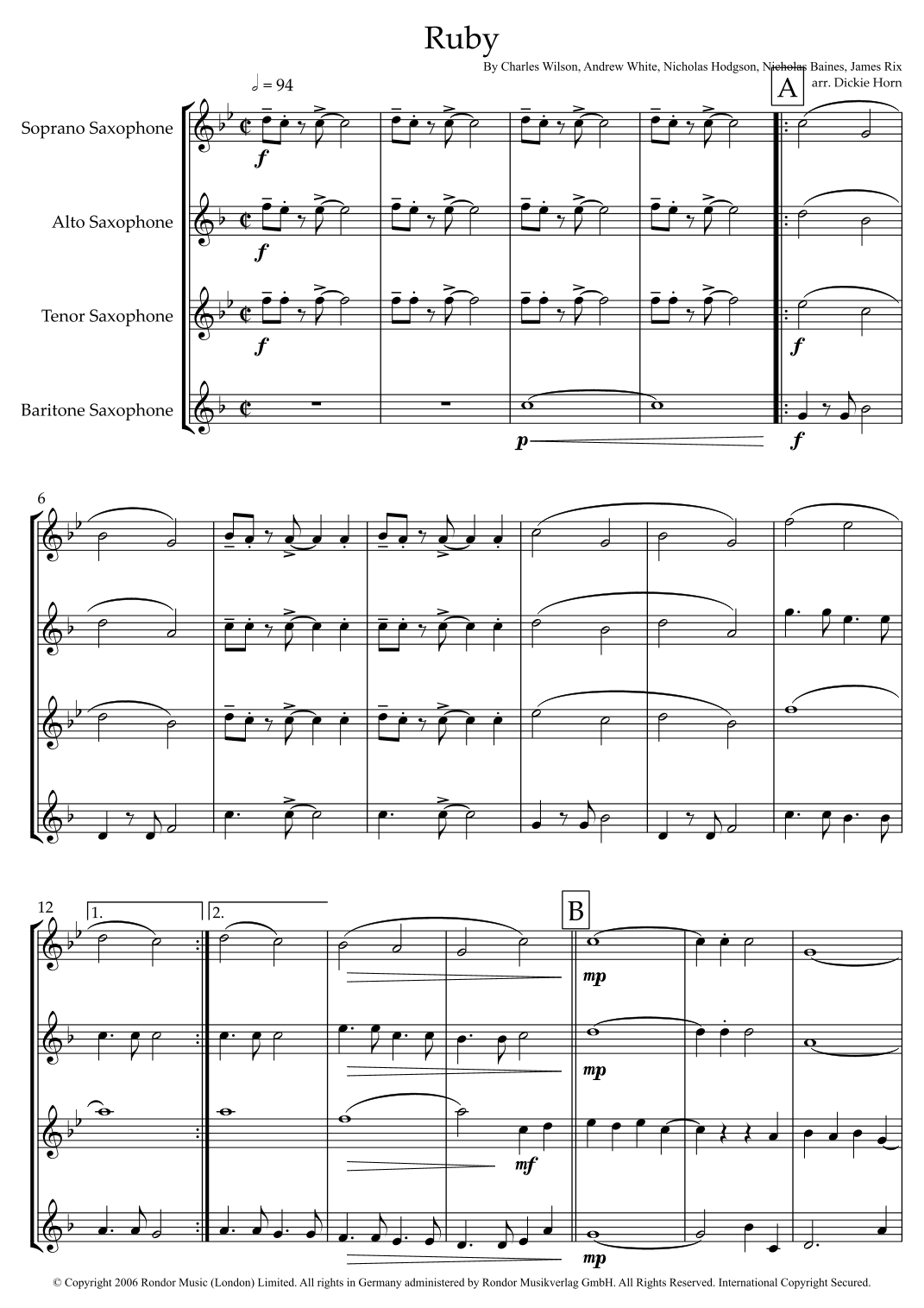 Ruby (arr. Dickie Horn) by Kaiser Chiefs Sheet Music for Woodwind ...