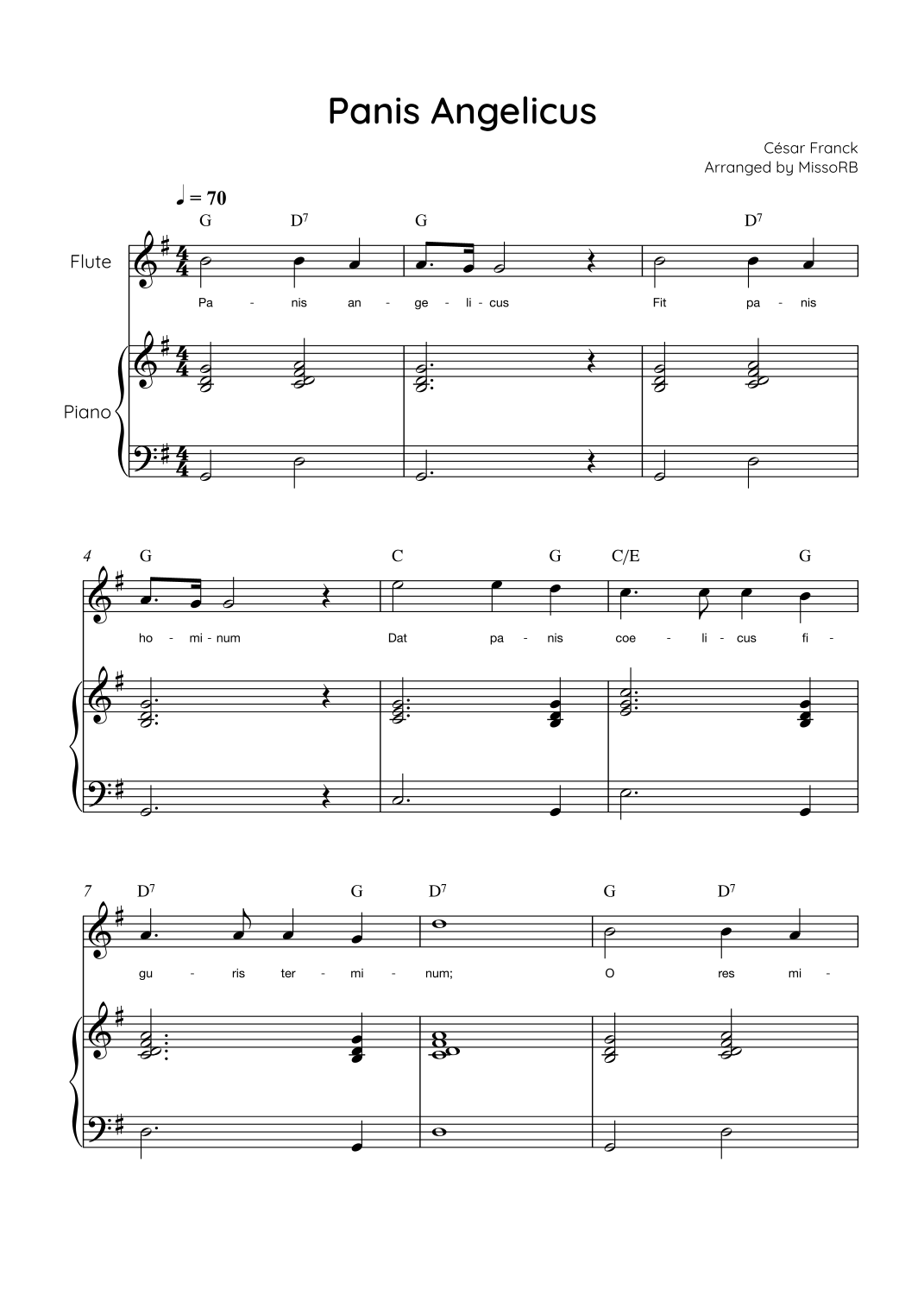 Panis Angelicus - Flute & Piano in G With Lyric & Chords - Easy (arr ...