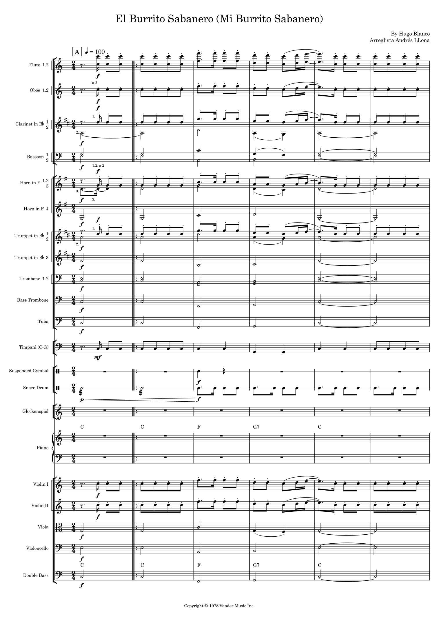 El Burrito Sabanero (Mi Burrito Sabanero) (arr. Andrés LLona) by Hugo Blanco 管弦乐团总谱 - 预览