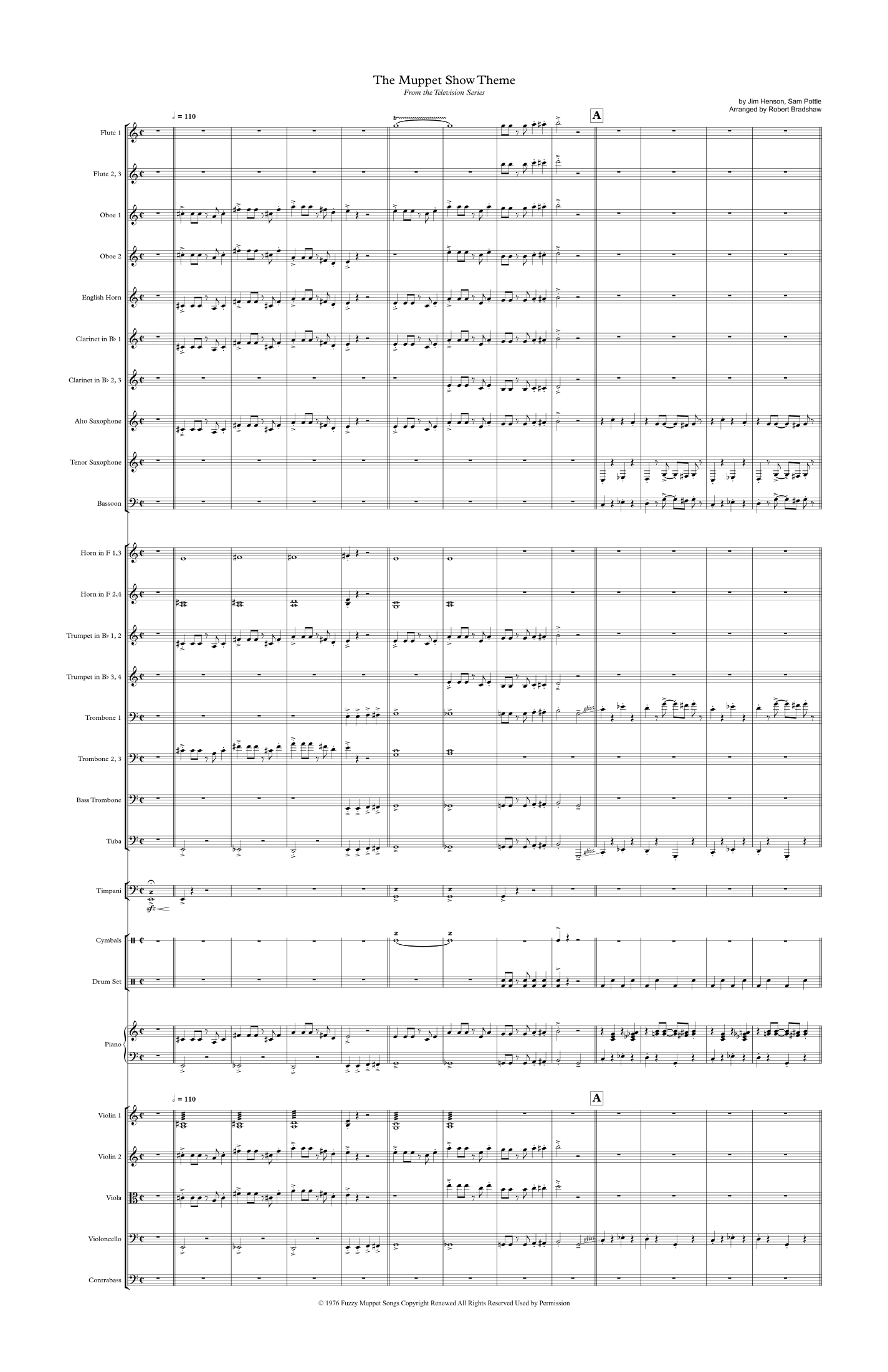 【吉姆·亨森《大青蛙布偶秀主题曲》（罗伯特·布拉德肖编曲）管弦乐谱】The Muppet Show Theme (arr. Robert Bradshaw) by Jim Henson Full Orchestra PDF乐谱下载