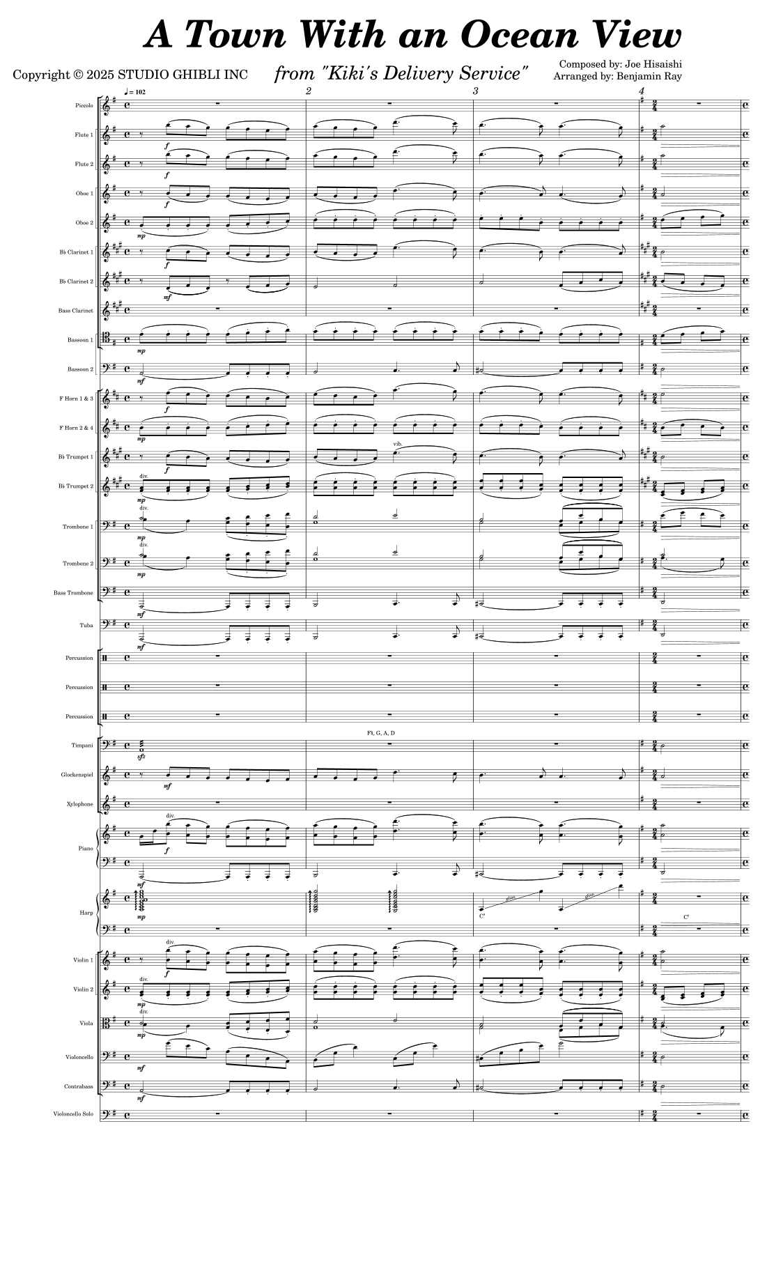 Town With An Ocean View (arr. Benjamin Ray) by Jou Hisaishi Full Orchestra