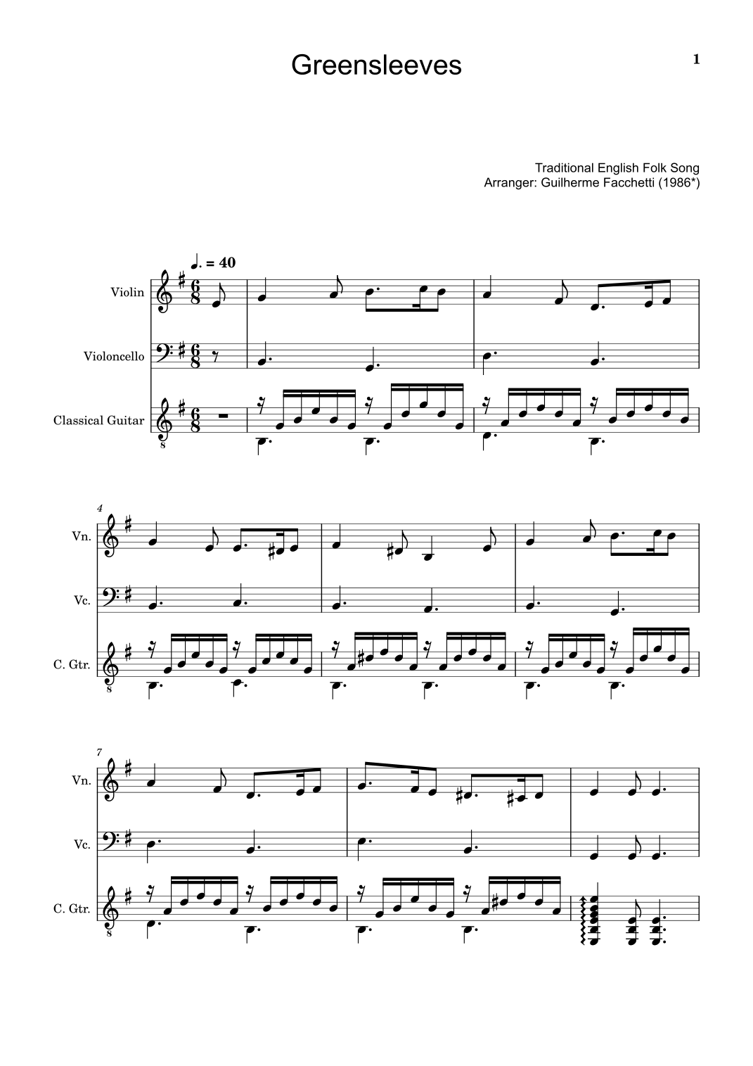 Greensleeves - Violin, Cello and Guitar. Score and Parts. (arr. Guilherme Facchetti) Digital Sheet Music