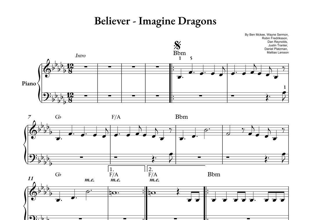 Believer (arr. Arthur Ribeiro da Silva) by Imagine Dragons Sheet Music ...