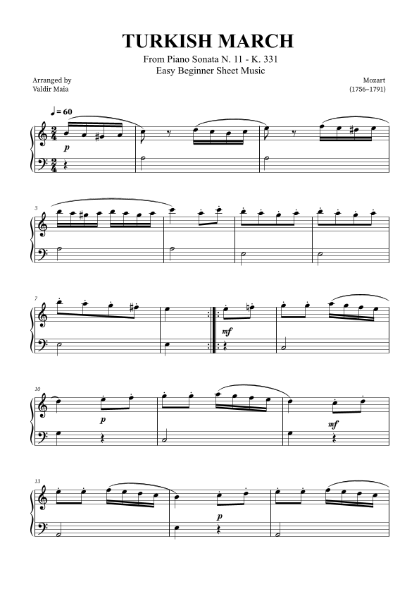 Turkish March Easy Beginner Piano arr Valdir Maia By Mozart Sheet 
