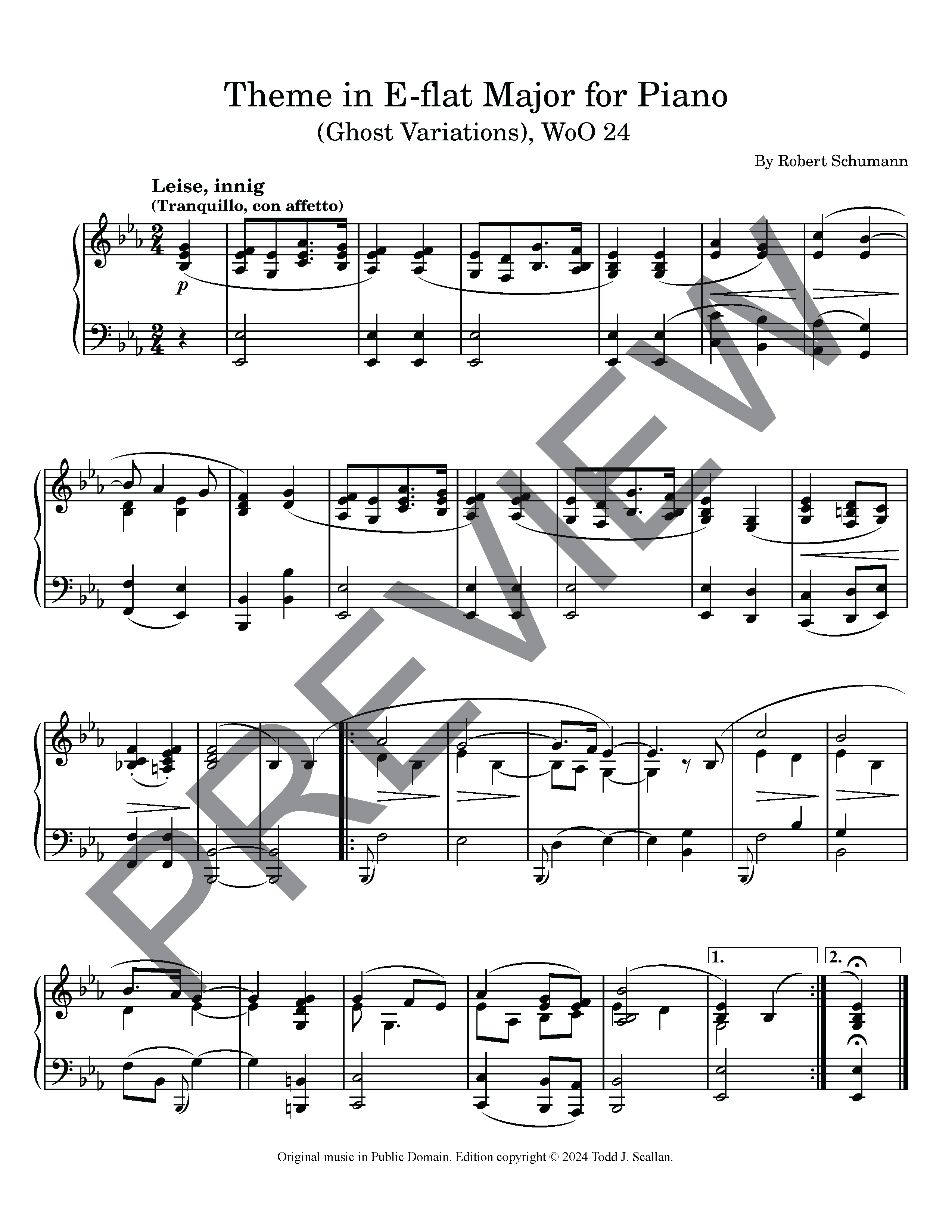 Aperçu interactif Partitions numériques> de 'Theme in E-flat Major (Ghost Variations) (arr. Todd J. Scallan)' par Robert Schumann, Piano solo page 1
