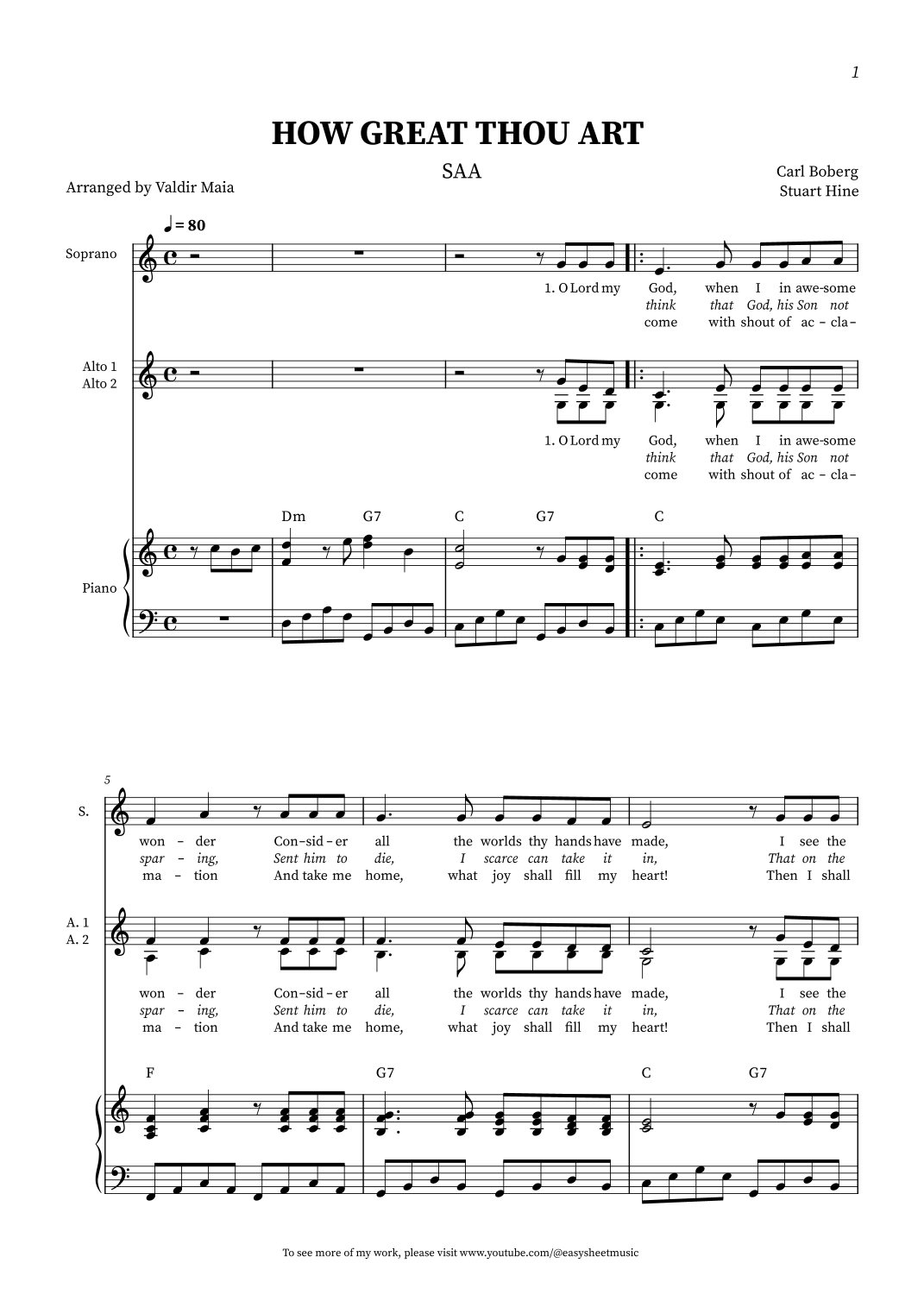 How Great Thou Art SAA with piano (arr. Valdir Maia) Sheet Music Stuart Hine