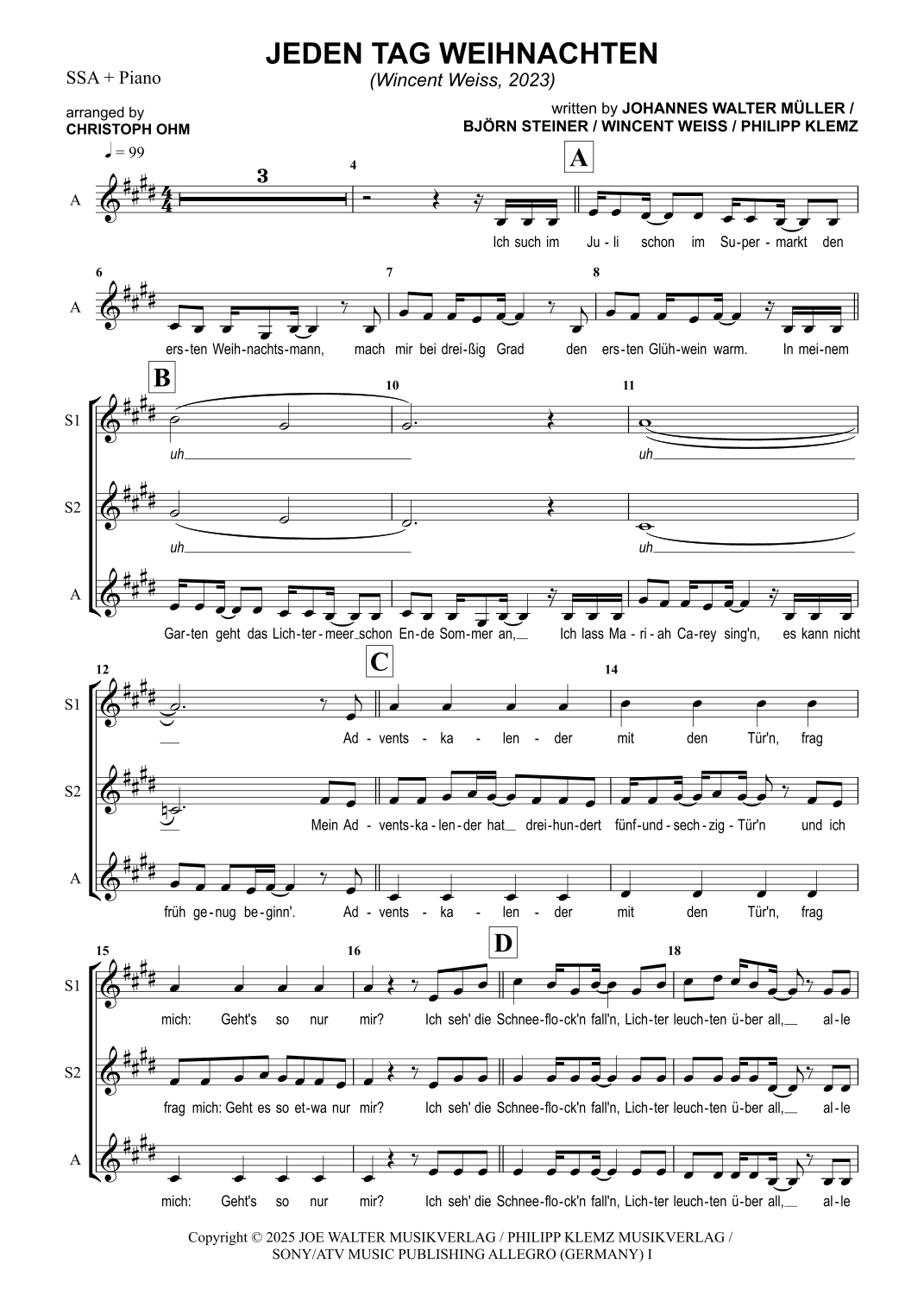 Partition Tag JEDEN TAG WEIHNACHTEN (ARR. CHRISTOPH OHM) PAR WINCENT WEISS PARTITIONS ...