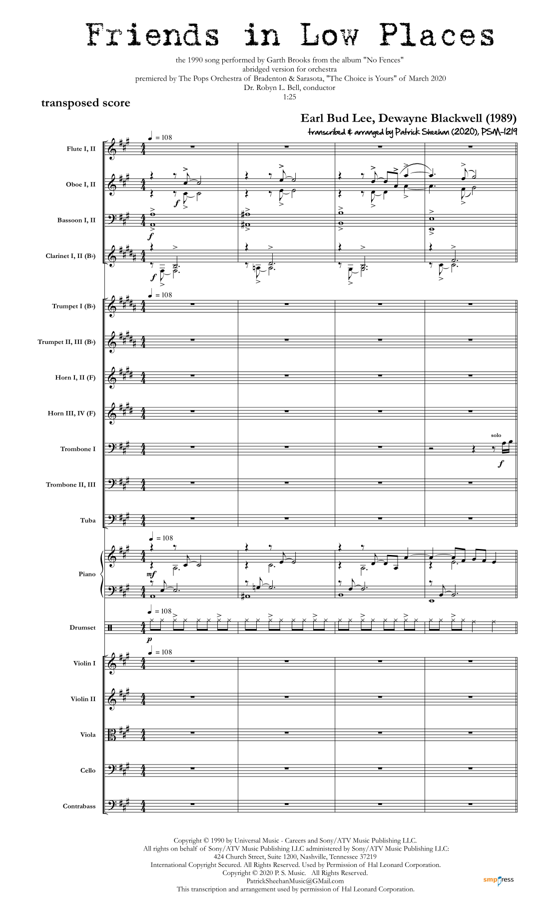 Friends In Low Places (arr. Patrick Sheehan) by Garth Brooks Full Orchestra