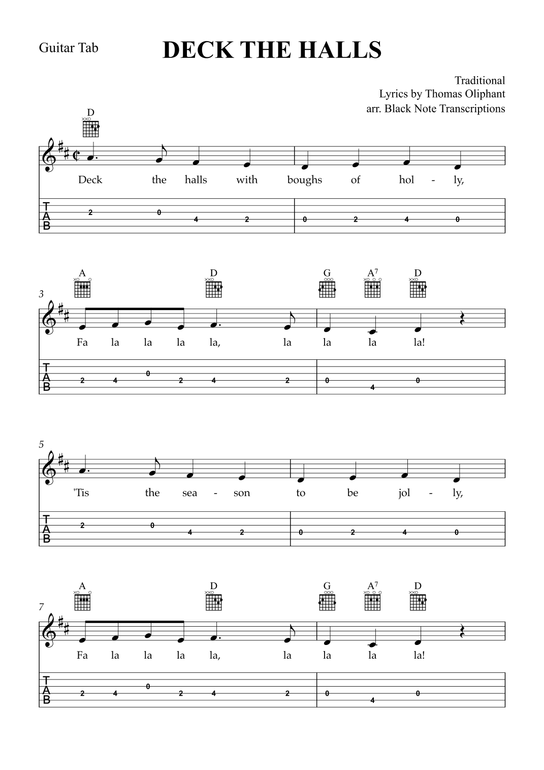 Deck the Halls (Guitar Tab Lead Sheet in D Major) (arr. Black Note Transcriptions) Partituras Digitales